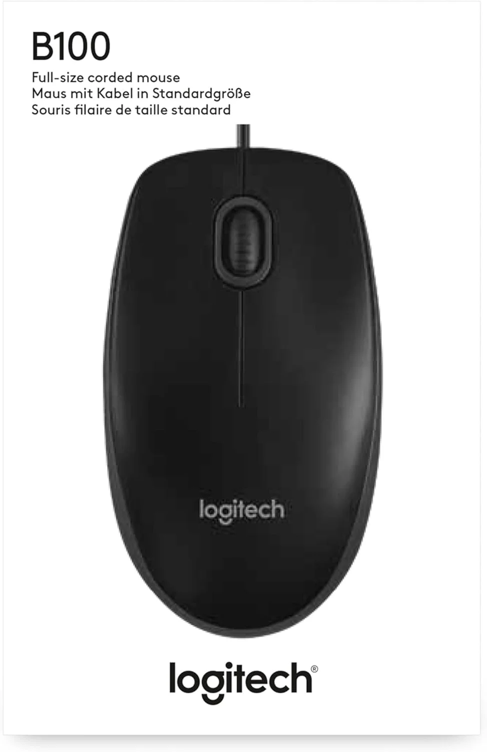 موس سیم دار Logitech B100 با اتصال USB، حسگر اپتیکال 800 DPI، 3 دکمه، مناسب برای افراد راست دست و چپ دست، PC/Mac - مشکی