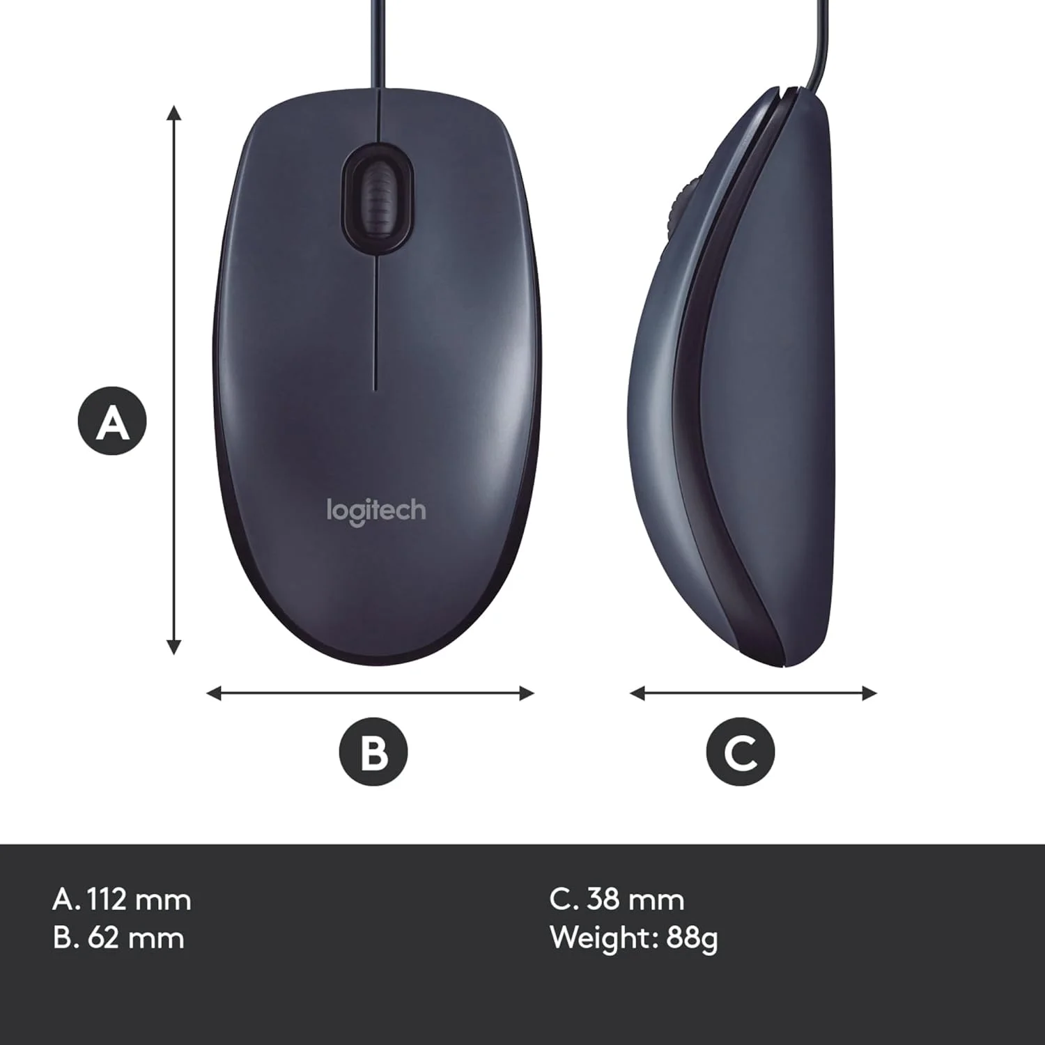 موس سیم دار Logitech B100 با اتصال USB، حسگر اپتیکال 800 DPI، 3 دکمه، مناسب برای افراد راست دست و چپ دست، PC/Mac - مشکی