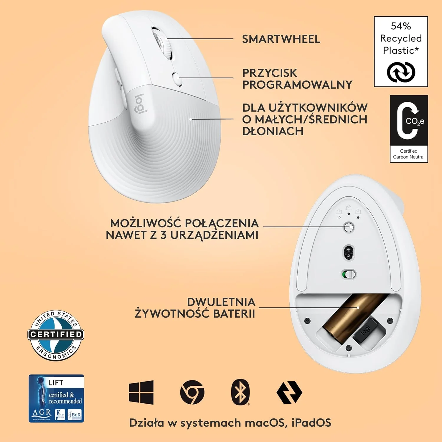 ماوس ارگونومیک عمودی لاجیتک Lift برای کسب و کار، بی سیم، بلوتوث یا USB امن Logi Bolt، کلیک های بی صدا، دارای گواهینامه جهانی، سازگار با Windows/Mac/Chrome/Linux - سفید ماوس ارگونومیک عمودی لاجیتک Lift برای کسب و کار، بی سیم، بلوتوث یا USB امن Logi Bolt، کلیک های بی صدا، دارای گواهینامه جهانی، سازگار با Windows/Mac/Chrome/Linux - سفید