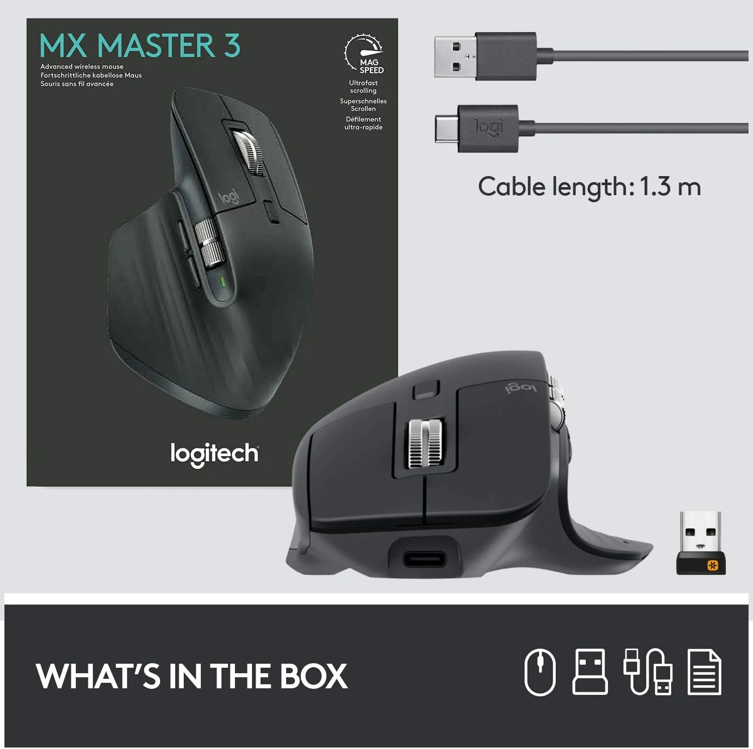 موس بی سیم پیشرفته لاجیتک Mx Master 3 - پیمایش فوق العاده سریع، 4000 DPI، قابل استفاده روی هر سطحی، ارگونومیک و قابل تنظیم، شارژ سریع USB-C، بلوتوث، سازگار با PC/Mac/Ipad/Linux - Graphite موس بی سیم پیشرفته لاجیتک Mx Master 3 - پیمایش فوق العاده سریع، 4000 DPI، قابل استفاده روی هر سطحی، ارگونومیک و قابل تنظیم، شارژ سریع USB-C، بلوتوث، سازگار با PC/Mac/Ipad/Linux - Graphite