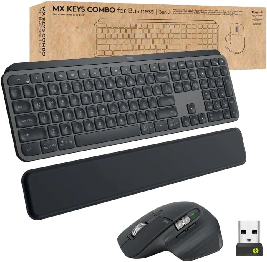مجموعه Logitech MX Keys Combo for Business | نسل 2، کیبورد بی‌سیم و ماوس بی‌سیم سایز کامل، با استراحتگاه مچ دست کیبورد، بلوتوث، Logi Bolt، کلیک‌های بی‌صدا، Windows/Mac/Chrome/Linux - Graphite