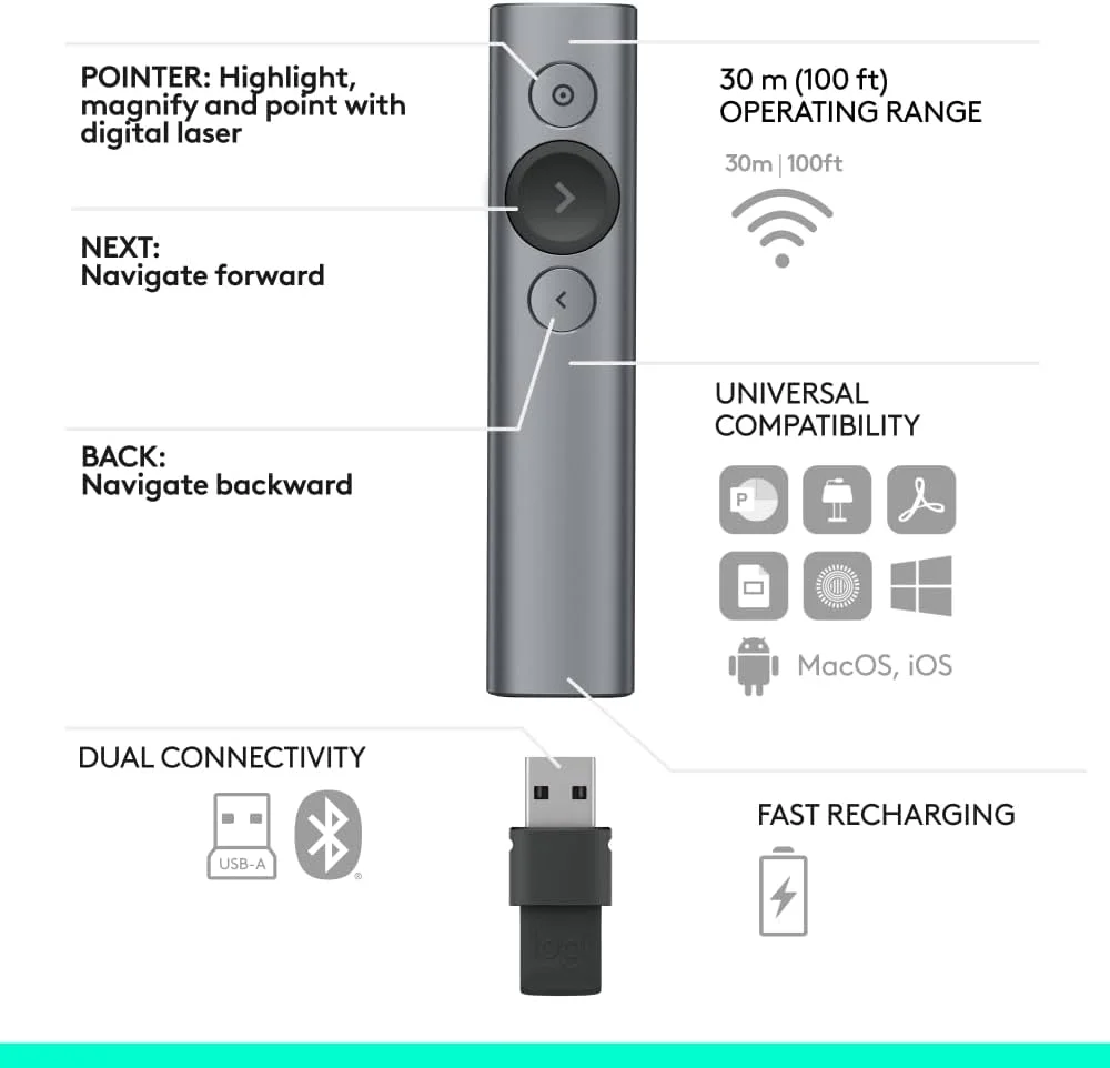 ریموت ارائه لاجیتک Spotlight - کلیکر ارائه بی سیم جهانی با نشانگر لیزری، برجسته سازی دیجیتال پیشرفته، بلوتوث، برد 30 متری و شارژ سریع - خاکستری ریموت ارائه لاجیتک Spotlight - کلیکر ارائه بی سیم جهانی با نشانگر لیزری، برجسته سازی دیجیتال پیشرفته، بلوتوث، برد 30 متری و شارژ سریع - خاکستری