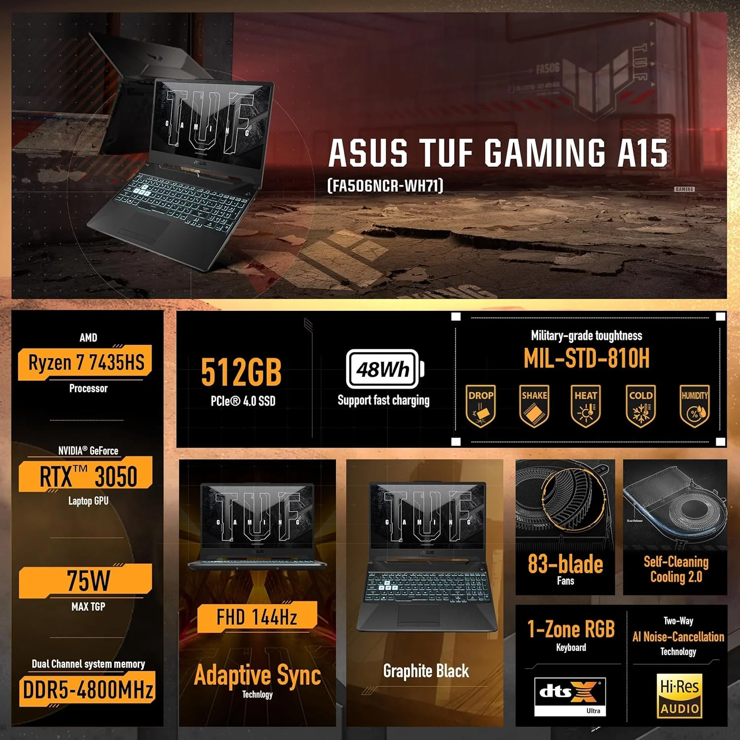 لپ تاپ ایسوس TUF Gaming A15 FA506NCR، صفحه نمایش 15.6 اینچی FHD IPS 144 هرتز، پردازنده AMD Ryzen 7 7435HS، رم 8 گیگابایتی، SSD 512 گیگابایتی، کارت گرافیک GeForce RTX 3050 4 گیگابایتی، صفحه کلید انگلیسی، ویندوز 11، مشکی گرافیت لپ تاپ ایسوس TUF Gaming A15 FA506NCR، صفحه نمایش 15.6 اینچی FHD IPS 144 هرتز، پردازنده AMD Ryzen 7 7435HS، رم 8 گیگابایتی، SSD 512 گیگابایتی، کارت گرافیک GeForce RTX 3050 4 گیگابایتی، صفحه کلید انگلیسی، ویندوز 11، مشکی گرافیت