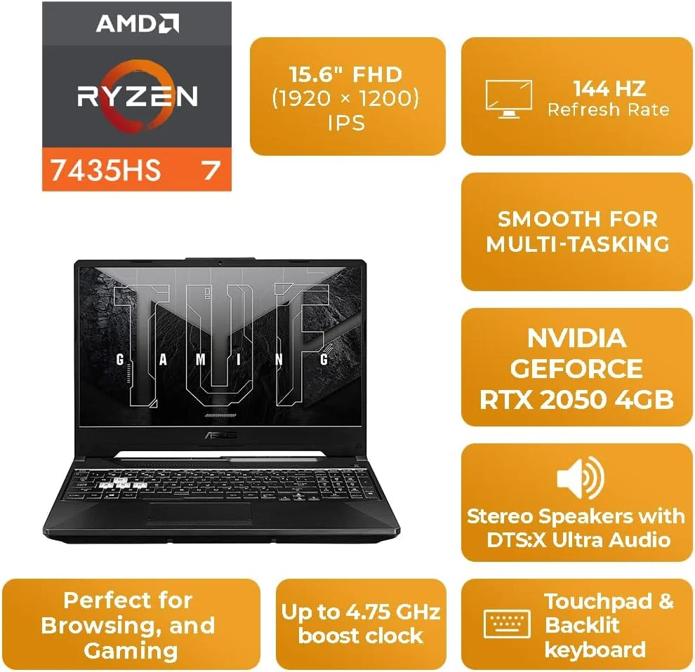 لپ تاپ گیمینگ ایسوس TUF A15 FA506NFR-HN090، پردازنده AMD Ryzen™ 7 7435HS، رم 16 گیگابایت، SSD 512 گیگابایت، کارت گرافیک Nvidia RTX 2050 4GB، صفحه نمایش 15.6 اینچ FHD 144Hz، ویندوز 11 پرو، مشکی گرافیت، نور پس زمینه RGB انگلیسی (ارتقا یافته) لپ تاپ گیمینگ ایسوس TUF A15 FA506NFR-HN090، پردازنده AMD Ryzen™ 7 7435HS، رم 16 گیگابایت، SSD 512 گیگابایت، کارت گرافیک Nvidia RTX 2050 4GB، صفحه نمایش 15.6 اینچ FHD 144Hz، ویندوز 11 پرو، مشکی گرافیت، نور پس زمینه RGB انگلیسی (ارتقا یافته)
