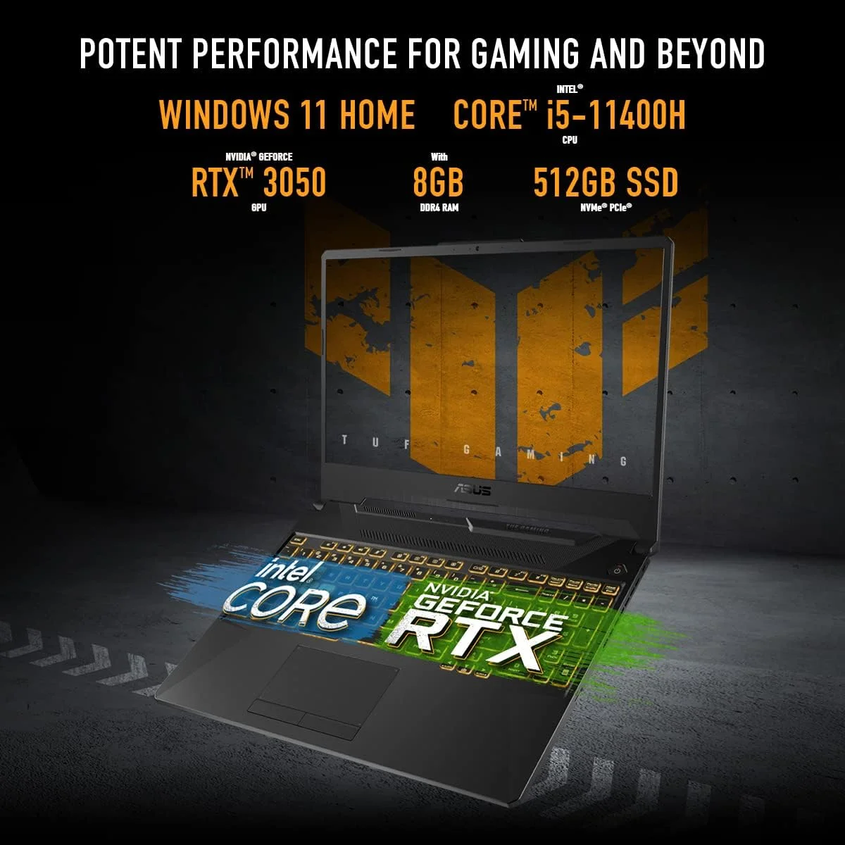 لپ تاپ گیمینگ ایسوس TUF Gaming F15 FX506HC-HN111W (مشکی گرافیتی)، پردازنده I5-11400H، رم 8 گیگابایت، حافظه 512 گیگابایت PCIE G3 SSD، کارت گرافیک NV RTX3050، ویندوز 11 هوم، صفحه نمایش 15.6 اینچ FHD 1920X1080 16:9 144Hz، وب کم HD، کیبورد با نور پس زمینه RGB انگلیسی-عربی