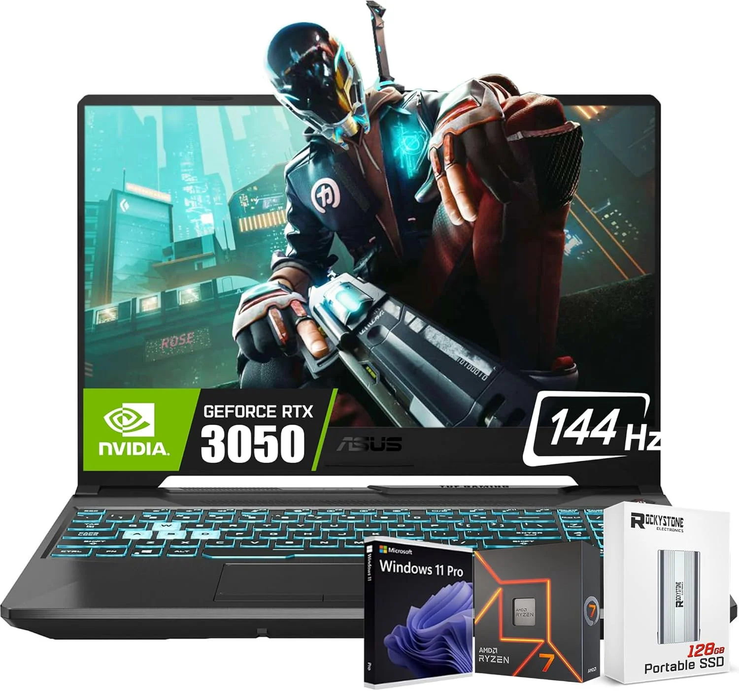 لپ تاپ گیمینگ ASUS 2025 TUF A15 با صفحه نمایش 15.6 اینچی FHD 144Hz، پردازنده 8 هسته ای AMD Ryzen 7-7435HS، کارت گرافیک Nvidia Geforce RTX 3050، رم 32 گیگابایتی DDR5، حافظه SSD 2 ترابایتی، کیبورد با نور پس زمینه، Wi-Fi 6، ویندوز 11 پرو، همراه با SSD قابل حمل