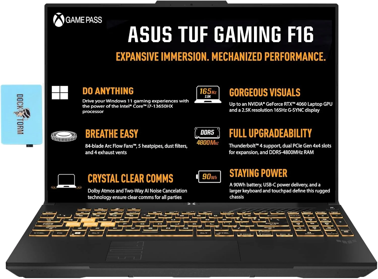 لپ تاپ گیمینگ ASUS TUF Gaming F16 با صفحه نمایش 16.0 اینچ 165 هرتز WUXGA IPS-Level (پردازنده Intel i7-13650HX، رم 64 گیگابایت DDR5، حافظه 1 ترابایت SSD، کارت گرافیک GeForce RTX 4060 8GB، کیبورد با نور پس زمینه RGB، Thunderbolt 4، Wi-Fi 6، BT 5.2، وب کم، Win11H) همراه با هاب