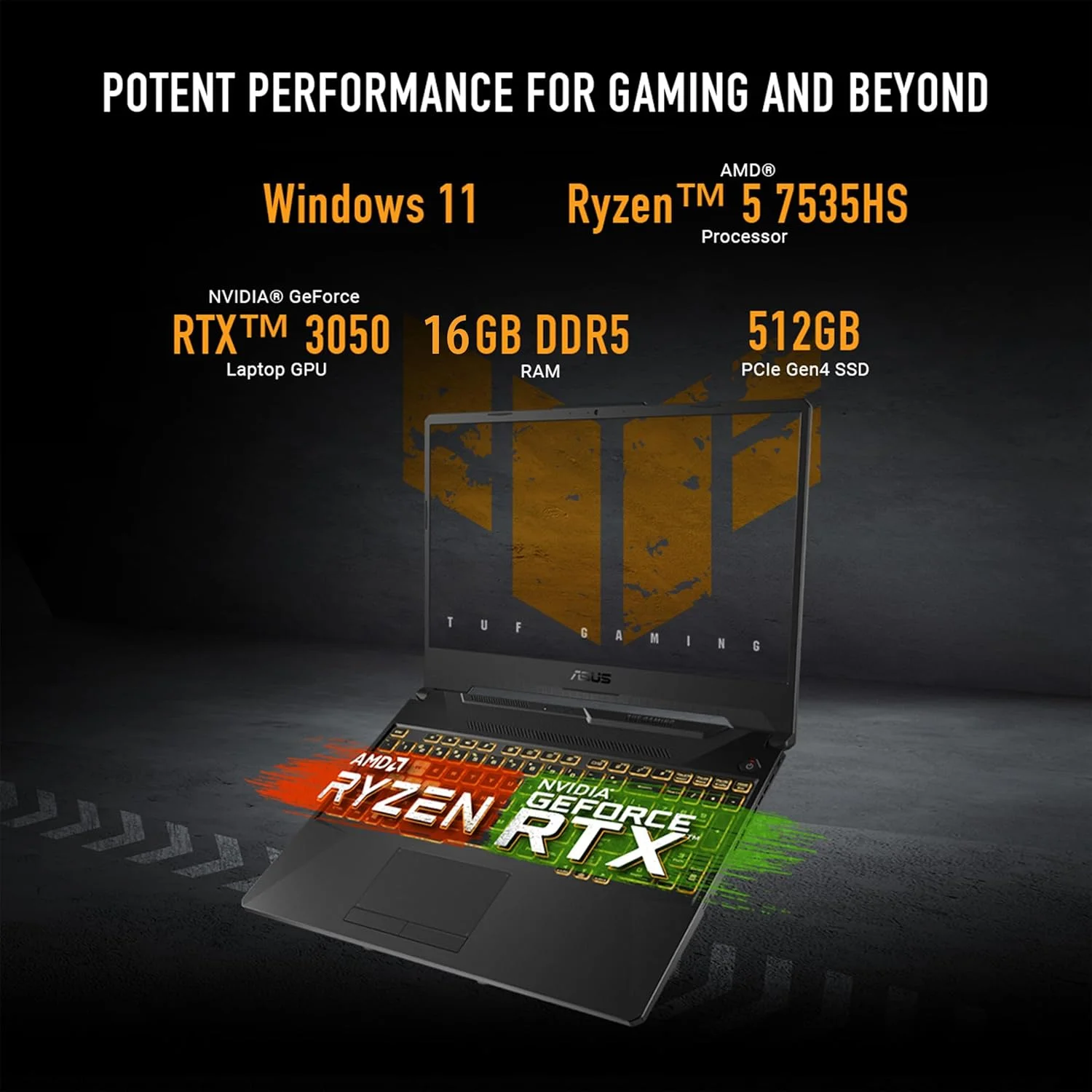 لپ تاپ گیمینگ ایسوس TUF Gaming A15، صفحه نمایش 15.6 اینچی FHD 16:9 144 هرتز، پردازنده AMD Ryzen™ 5 7535HS، کارت گرافیک NVIDIA® GeForce RTX™ 3050، رم 16 گیگابایتی DDR5، حافظه SSD 512 گیگابایتی PCIe® Gen 4.0، وای فای 6، ویندوز 11 هوم، FA506NC-DS53