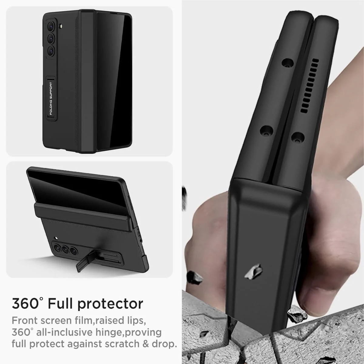 قاب گوشی سامسونگ گلکسی زد فولد 4 سری ELEPIK Armor با پایه نگهدارنده، [محافظ صفحه نمایش حریم خصوصی داخلی] [محافظت از لولا] [محافظت کامل بدنه] [چرم PU]، مشکی