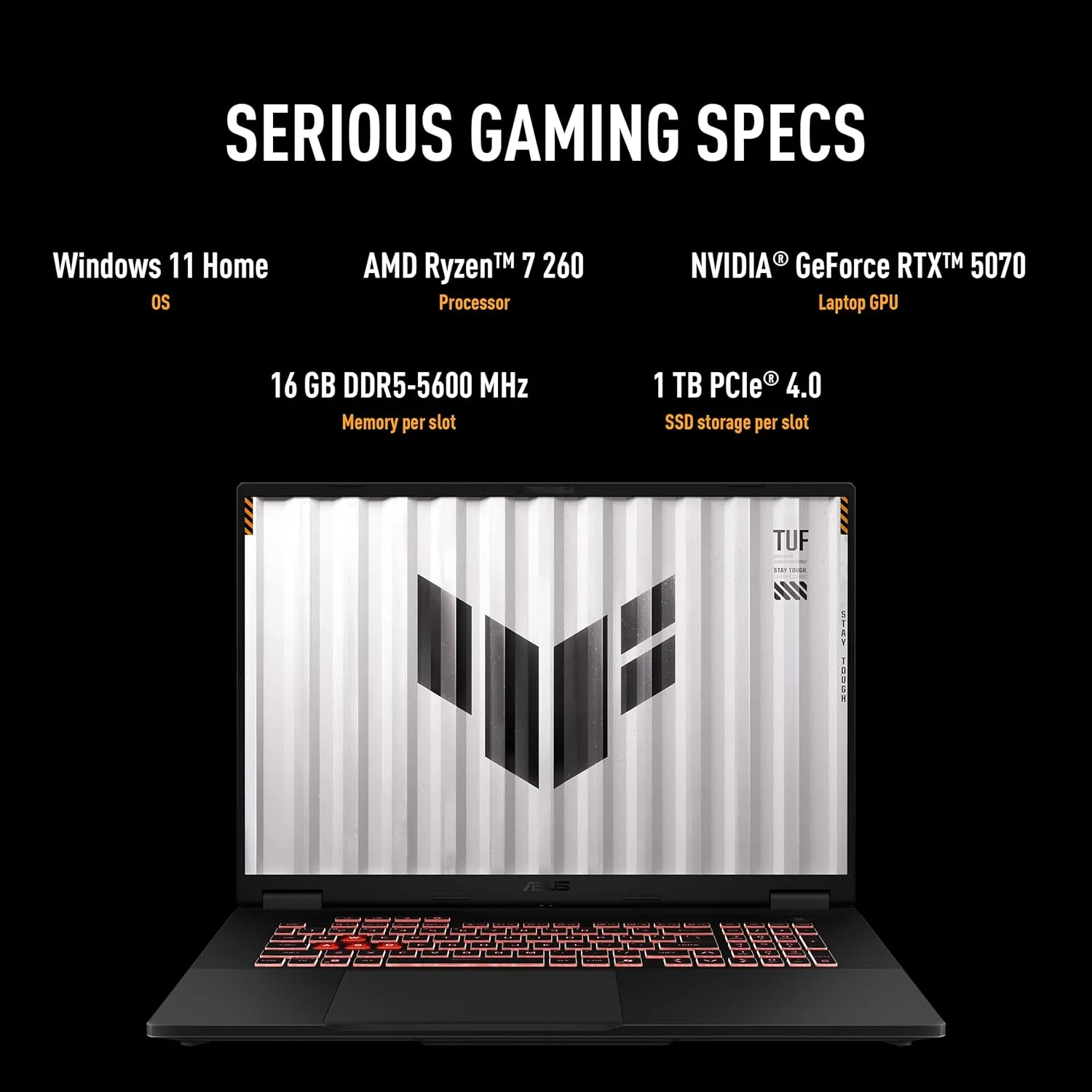 لپ تاپ گیمینگ ایسوس TUF Gaming A18، پردازنده AMD Ryzen 7 260، کارت گرافیک NVIDIA RTX 5070 8GB، رم 16GB، حافظه SSD 1TB، صفحه نمایش 18.0 اینچی 2.5K 240Hz، ویندوز 11، خاکستری Jaeger [FA808UP-G1S821W]
