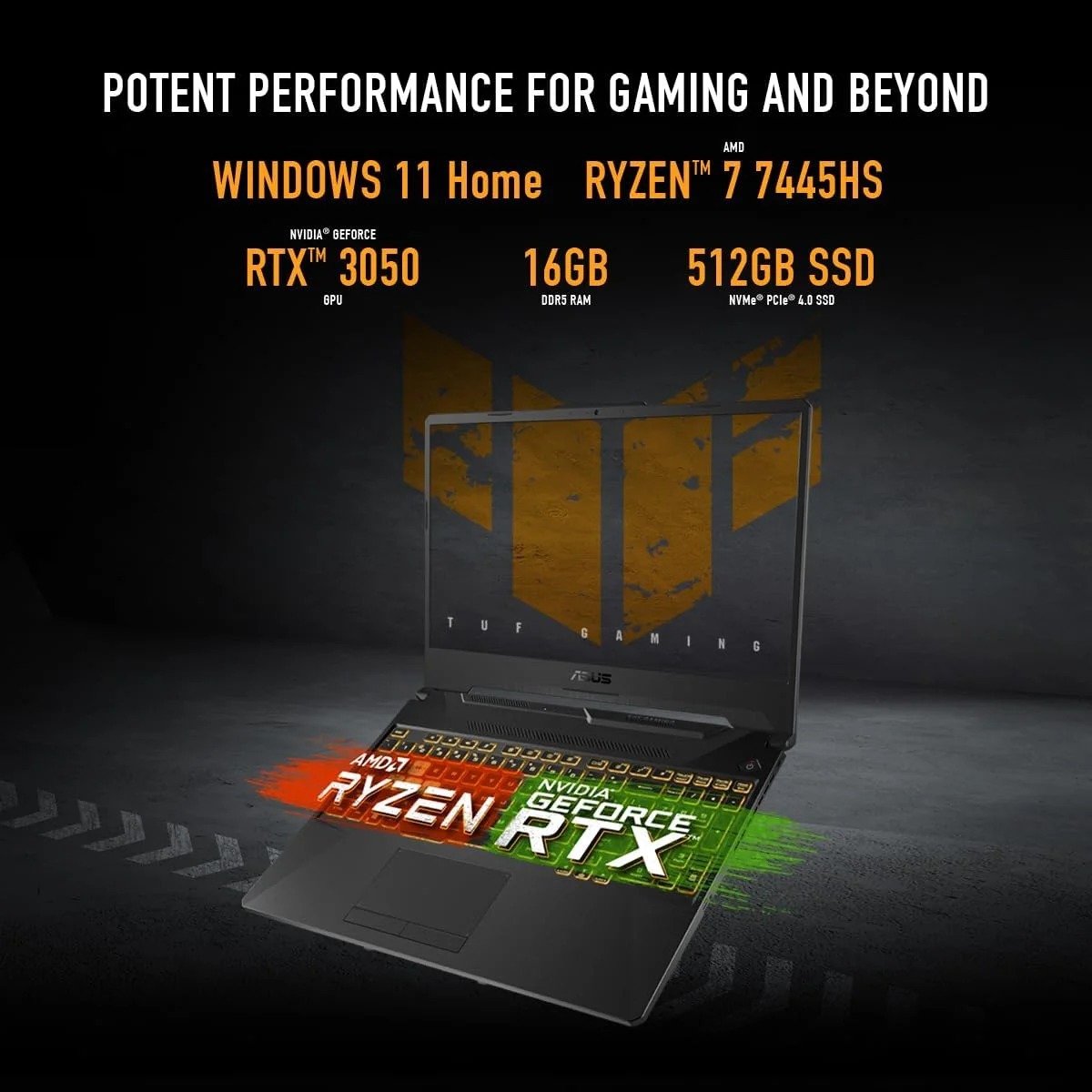 لپ تاپ گیمینگ ایسوس TUF Gaming A15، پردازنده AMD Ryzen 7 7445HS، کارت گرافیک NVIDIA RTX 3050 4GB، رم 16 گیگابایت، حافظه SSD 512 گیگابایت، صفحه نمایش 15.6 اینچی FHD 144 هرتز، ویندوز 11، مشکی گرافیت [FA506NCG-B165W]