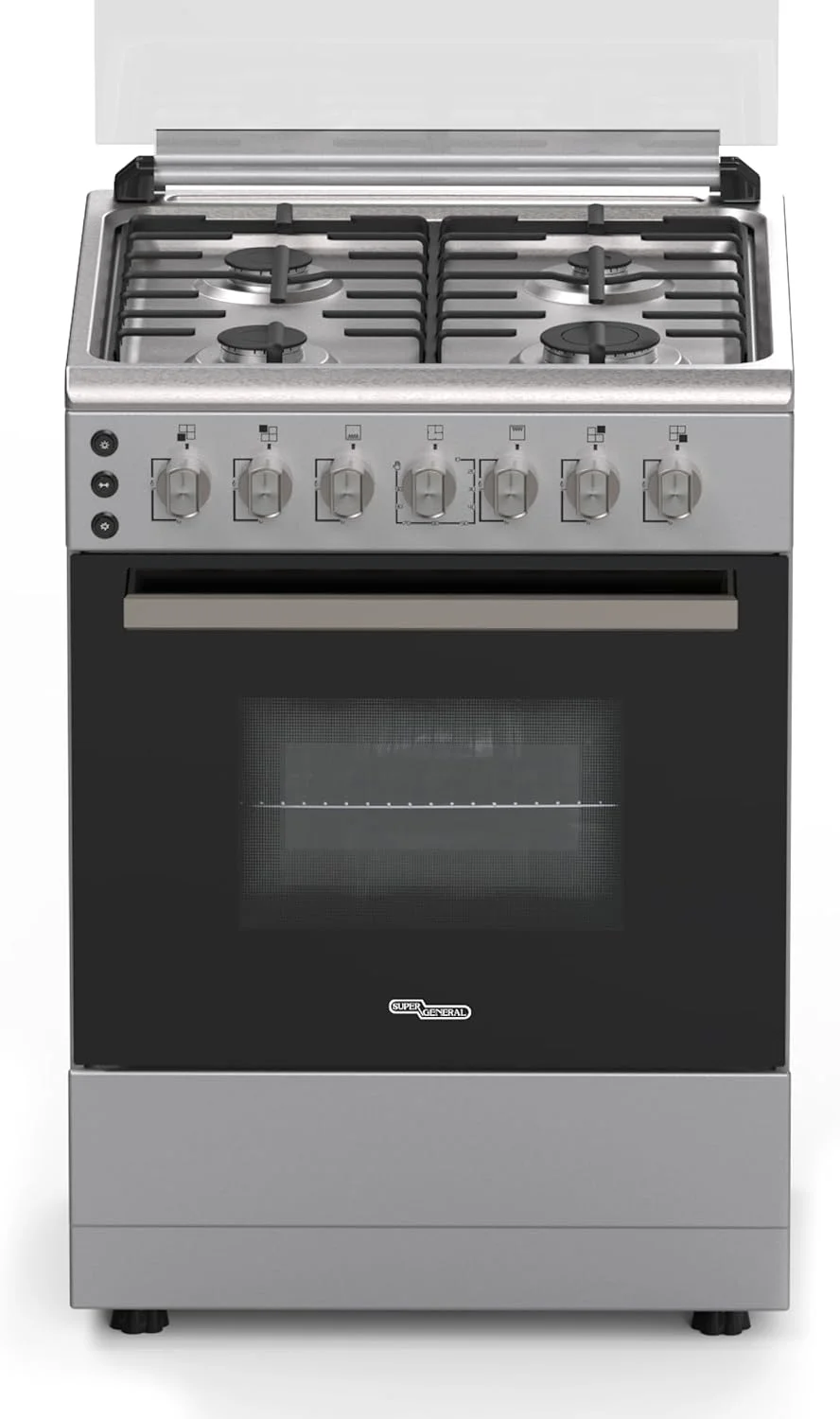 اجاق گاز ایستاده سوپر جنرال مدل SGC-6170-MSFS، ابعاد 60x60x85 سانتی‌متر (عرضxعمقxارتفاع)، دارای 4 شعله، صفحه استیل ضد زنگ با ایمنی کامل، فر گازی و گریل با جوجه‌گردان، لامپ فر، دکمه جرقه زن، روکش نقره‌ای