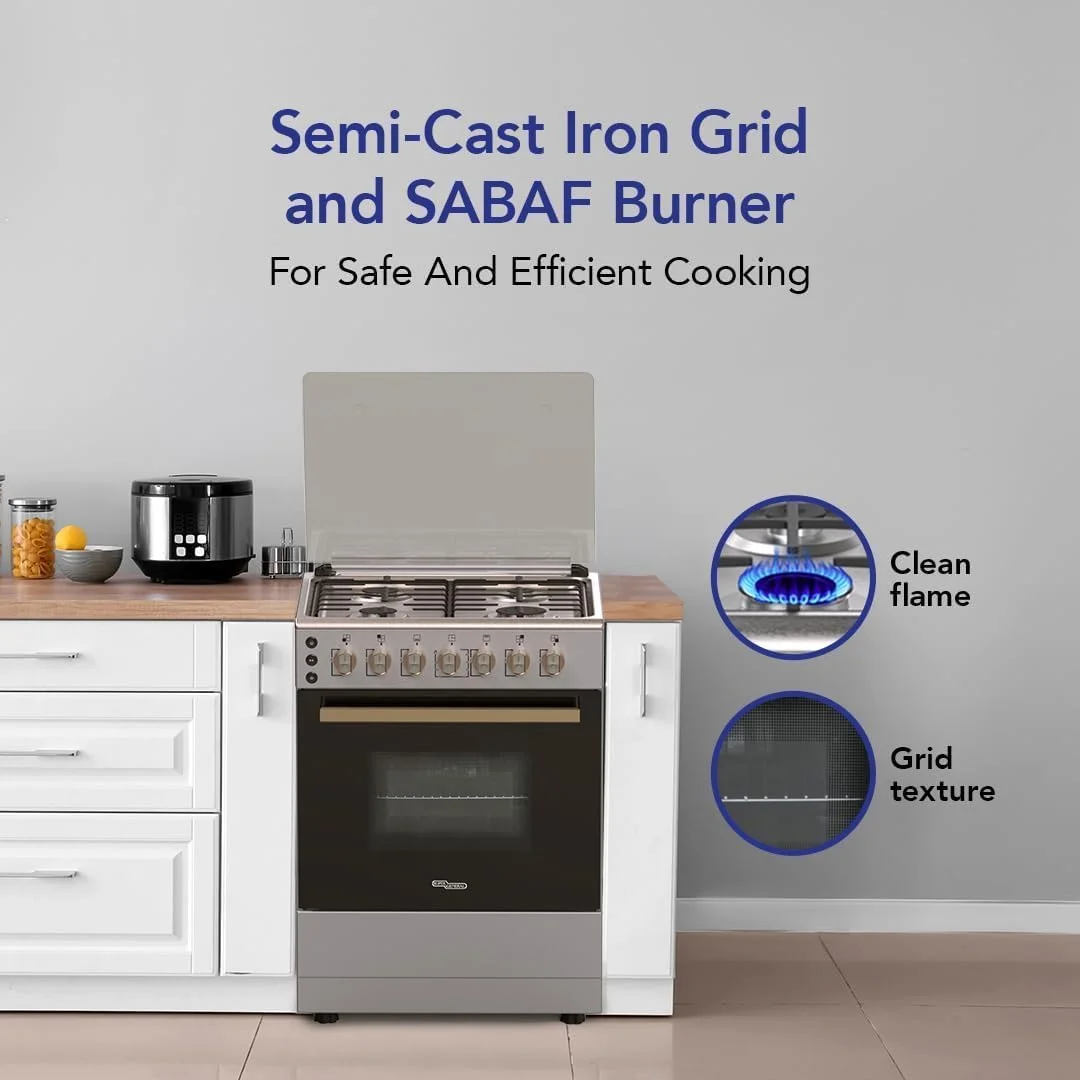 اجاق گاز ایستاده سوپر جنرال مدل SGC-6170-MSFS، ابعاد 60x60x85 سانتیمتر (عرضxعمقxارتفاع)، دارای 4 شعله، صفحه استیل ضد زنگ با ایمنی کامل، فر گازی و گریل با جوجهگردان، لامپ فر، دکمه جرقه زن، روکش نقرهای اجاق گاز ایستاده سوپر جنرال مدل SGC-6170-MSFS، ابعاد 60x60x85 سانتیمتر (عرضxعمقxارتفاع)، دارای 4 شعله، صفحه استیل ضد زنگ با ایمنی کامل، فر گازی و گریل با جوجهگردان، لامپ فر، دکمه جرقه زن، روکش نقرهای