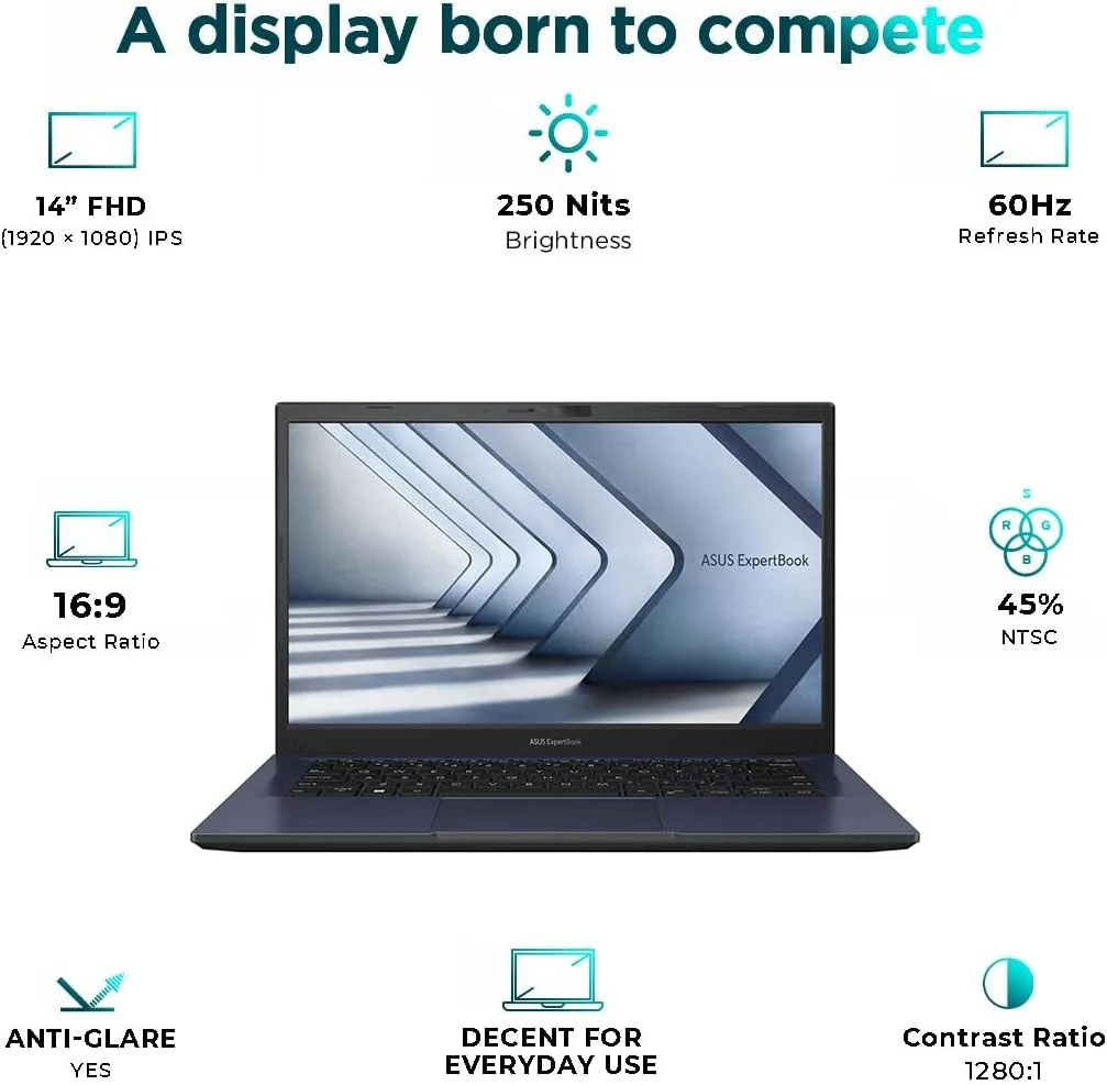 ایسوس ExpertBook B1 (B1402CVA) | نمایشگر 14 اینچی FHD ضد تابش نور | پردازنده Intel Core i7-1355U | 16 گیگابایت رم | 512 گیگابایت SSD | ویندوز 11 پرو | MIL-STD 810H | Wi-Fi 6E | شارژ Type-C | مشکی ستاره ای