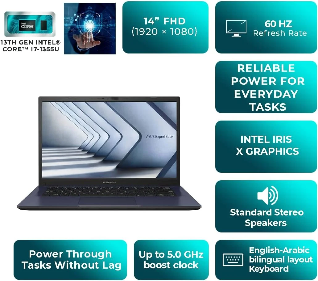 لپ تاپ ASUS ExpertBook B1 B1402CVA | پردازنده Intel Core i7-1355U | رم 16 گیگابایتی DDR4 | حافظه SSD 1 ترابایتی | گرافیک Intel Iris Xᵉ | صفحه نمایش 14 اینچی FHD Anti-glare LED | کیبورد Chiclet با نور پس زمینه | ویندوز 11 پرو | مشکی ستاره ای