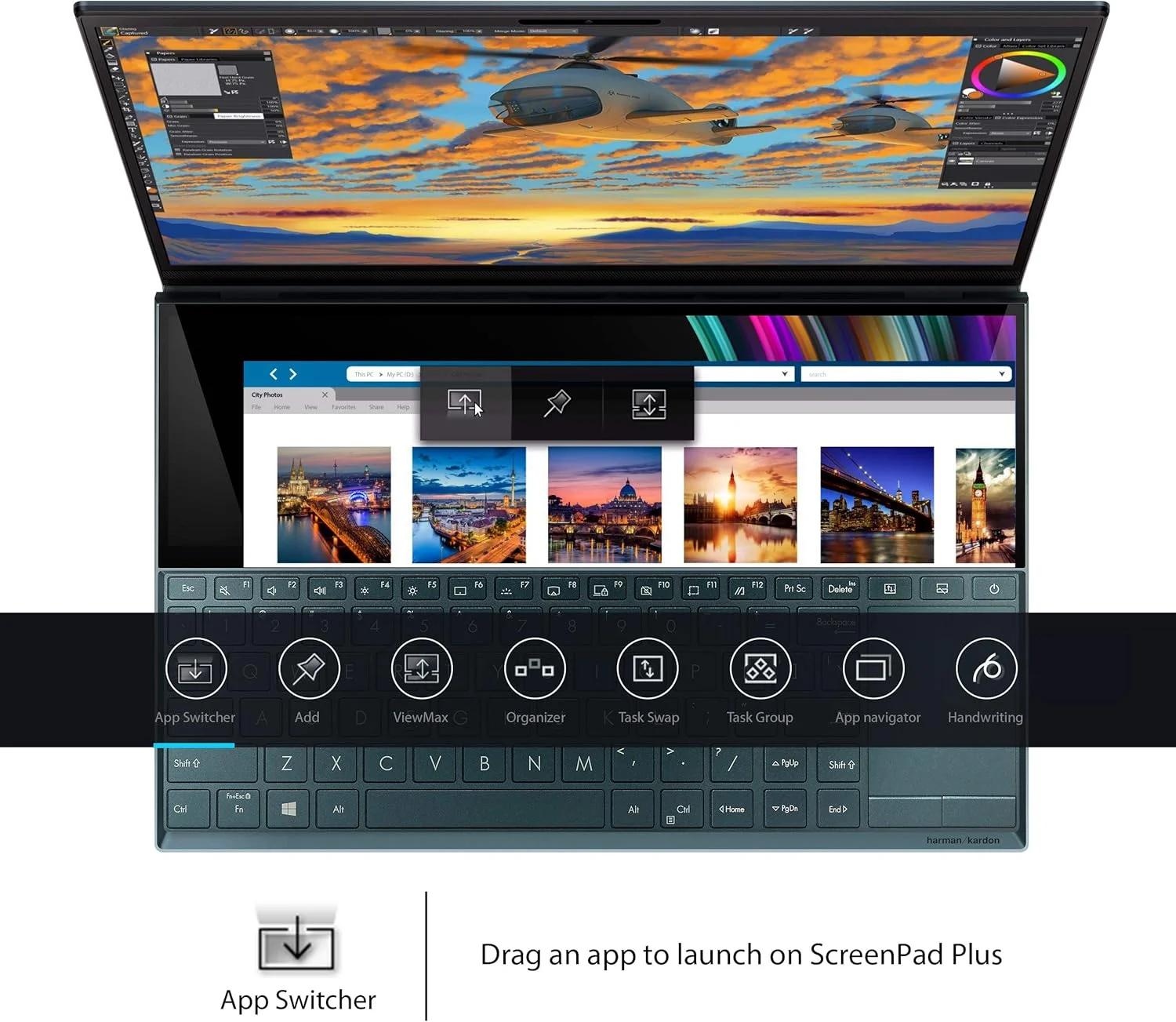 لپ تاپ ASUS ZenBook Duo UX481، صفحه نمایش لمسی 14 اینچی FHD NanoEdge Bezel، پردازنده Intel Core i7-10510U، کارت گرافیک GeForce MX250، رم 16 گیگابایتی، SSD PCIe 1 ترابایتی، ScreenPad Plus نوآورانه، ویندوز 10 پرو، آبی آسمانی، UX481FL-XS74T