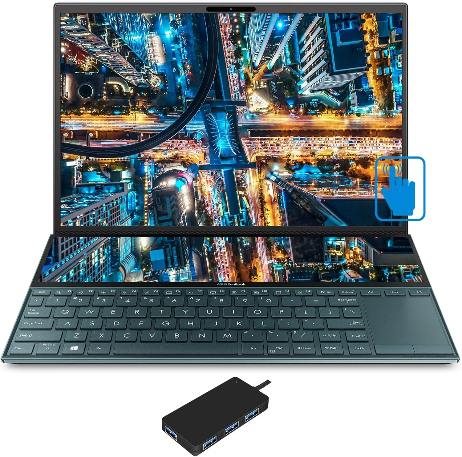 لپ تاپ خانگی و سرگرمی ایسوس ZenBook Duo (پردازنده Intel i7-10510U 4 هسته ای، 16 گیگابایت رم، 2 ترابایت m.2 SATA SSD، NVIDIA MX250، صفحه نمایش لمسی 14.0 اینچی Full HD (1920x1080)، قلم فعال، WiFi، ویندوز 10 پرو) به همراه هاب USB