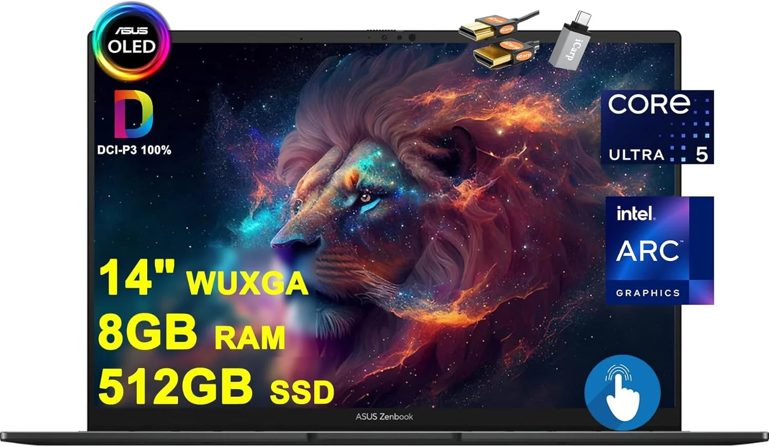 لپ تاپ تجاری ASUS Zenbook 14 OLED AI PC، صفحه نمایش لمسی 14 اینچی WUXGA OLED (550nits 100% DCI-P3 براق)، پردازنده 14 هسته ای Intel Ultra 5 125H، رم 8 گیگابایتی، حافظه SSD 512 گیگابایتی، نور پس زمینه صفحه کلید، Thunderbolt Harman/kardon، ویندوز 11 به همراه لوازم جانبی ICAP