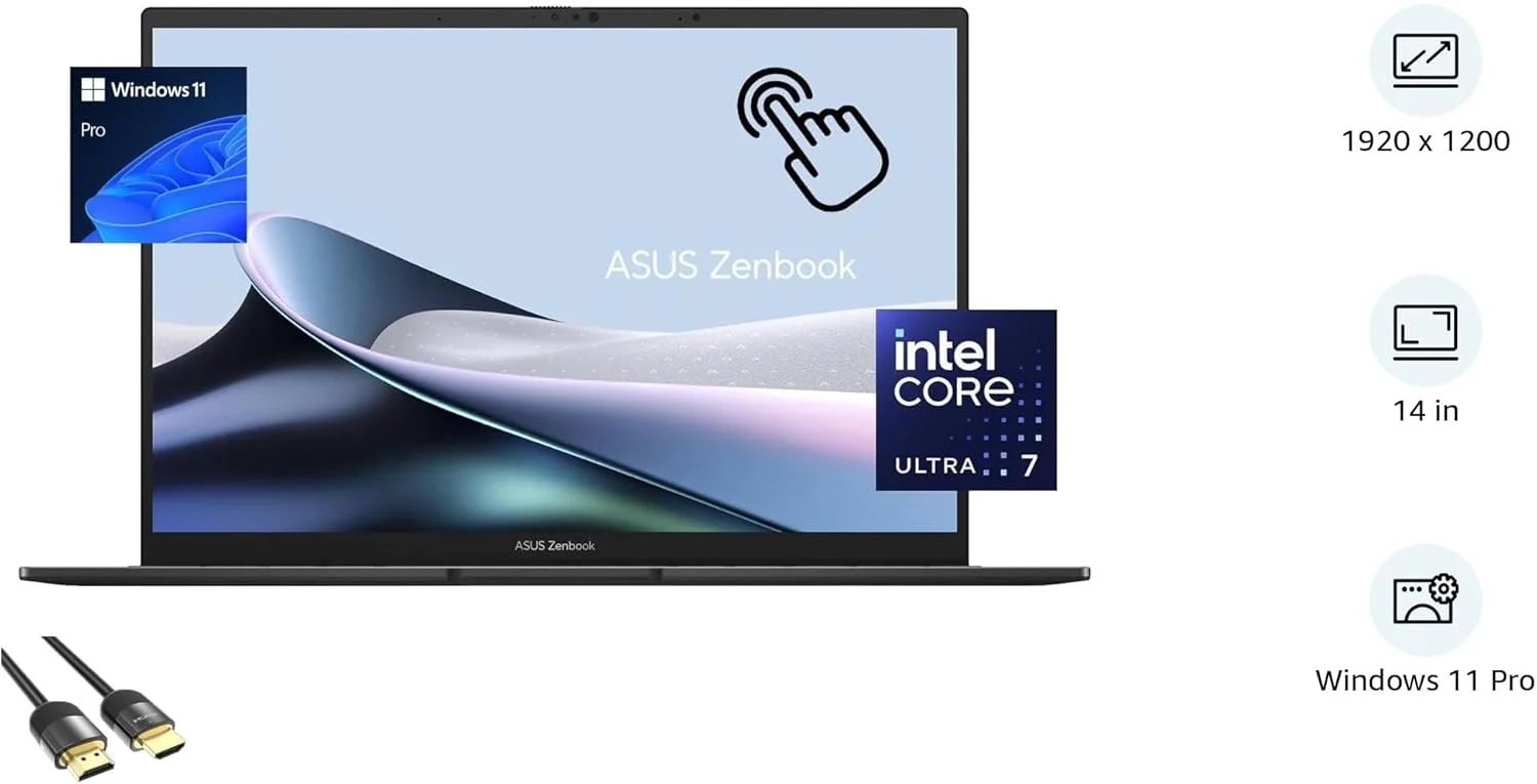 لپ تاپ ASUS Zenbook، صفحه نمایش لمسی 14 اینچی WUXGA OLED، پردازنده Intel Core Ultra 7-155H (تا 4.8 گیگاهرتز)، گرافیک Intel Arc، رم 16 گیگابایتی، 512 گیگابایت PCIe 4.0، WiFi 6E، صفحه کلید با نور پس زمینه، TB 4، کابل PDG HDMI، ویندوز 11 پرو