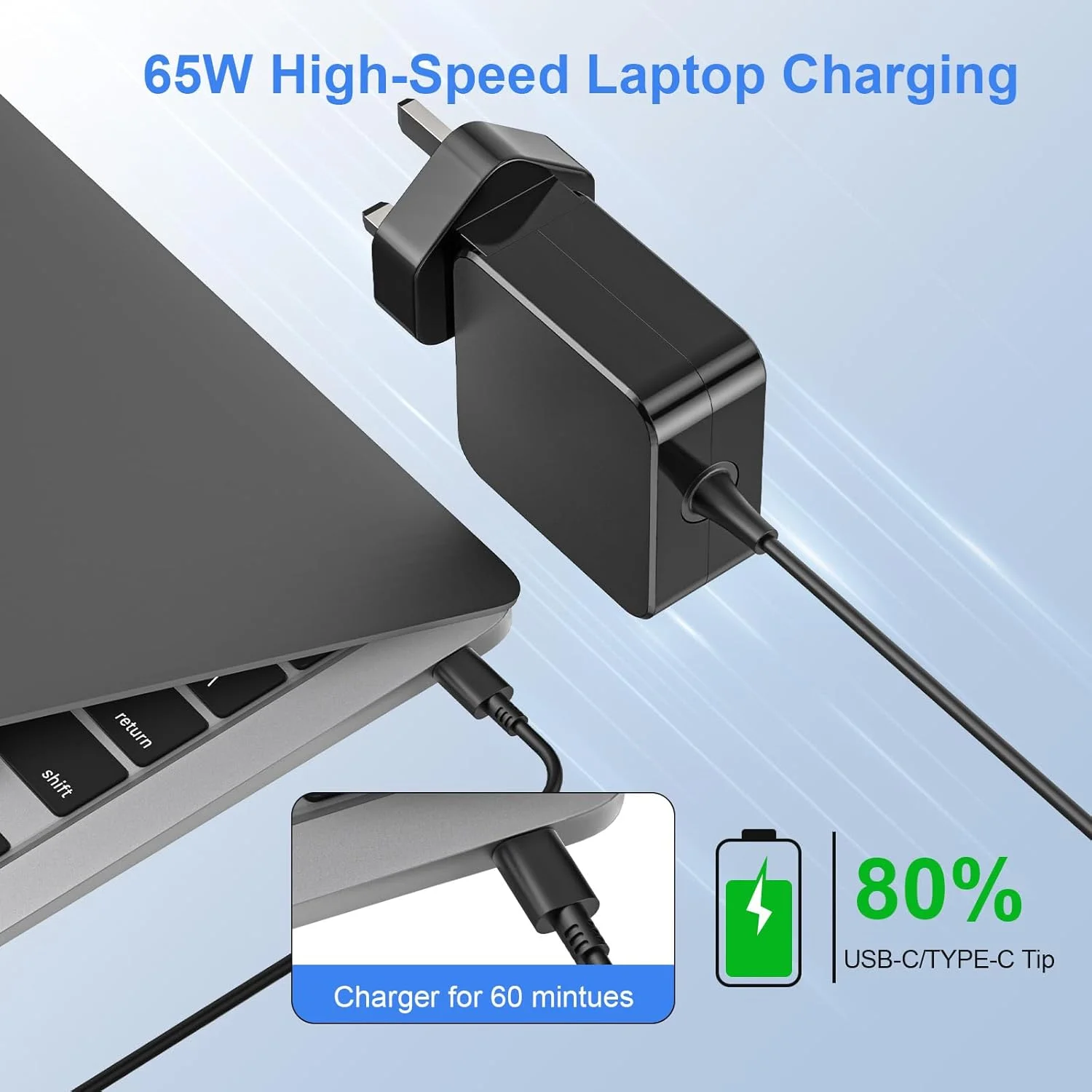 شارژر 65 واتی USB C جیپوفو سازگار با لنوو Thinkpad Yoga Tab M9، هوآوی Matebook، مک بوک، سامسونگ گلکسی، HP، MSI، ایسوس، دل، ایسر Chromebook و آداپتور برق لپ تاپ Type C