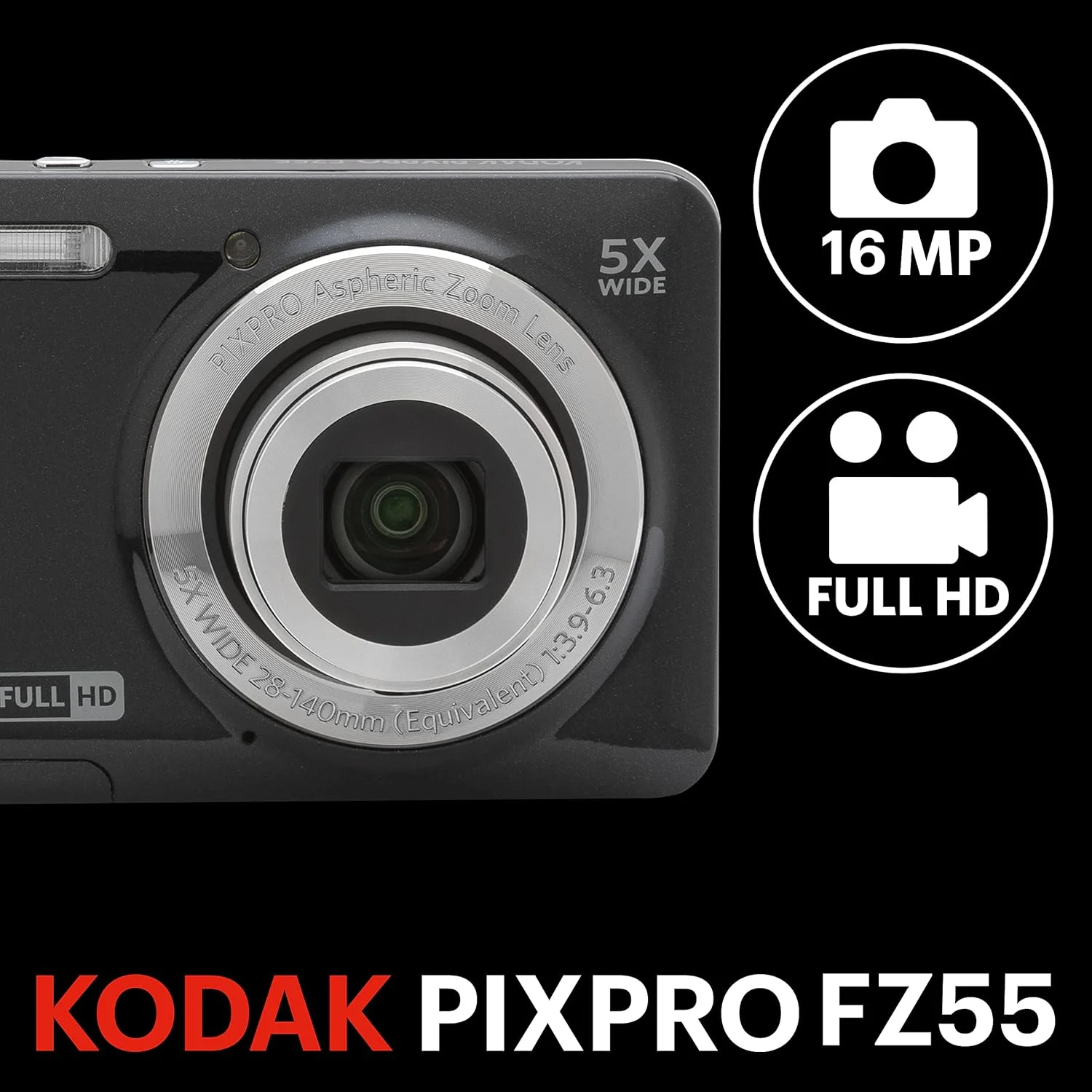 دوربین دیجیتال 16 مگاپیکسلی KODAK PIXPRO FZ55-BK با زوم اپتیکال 5X، زاویه دید عریض 28 میلی‌متری، فیلمبرداری Full HD 1080P، صفحه نمایش LCD 2.7 اینچی، مناسب برای ولاگ (مشکی)