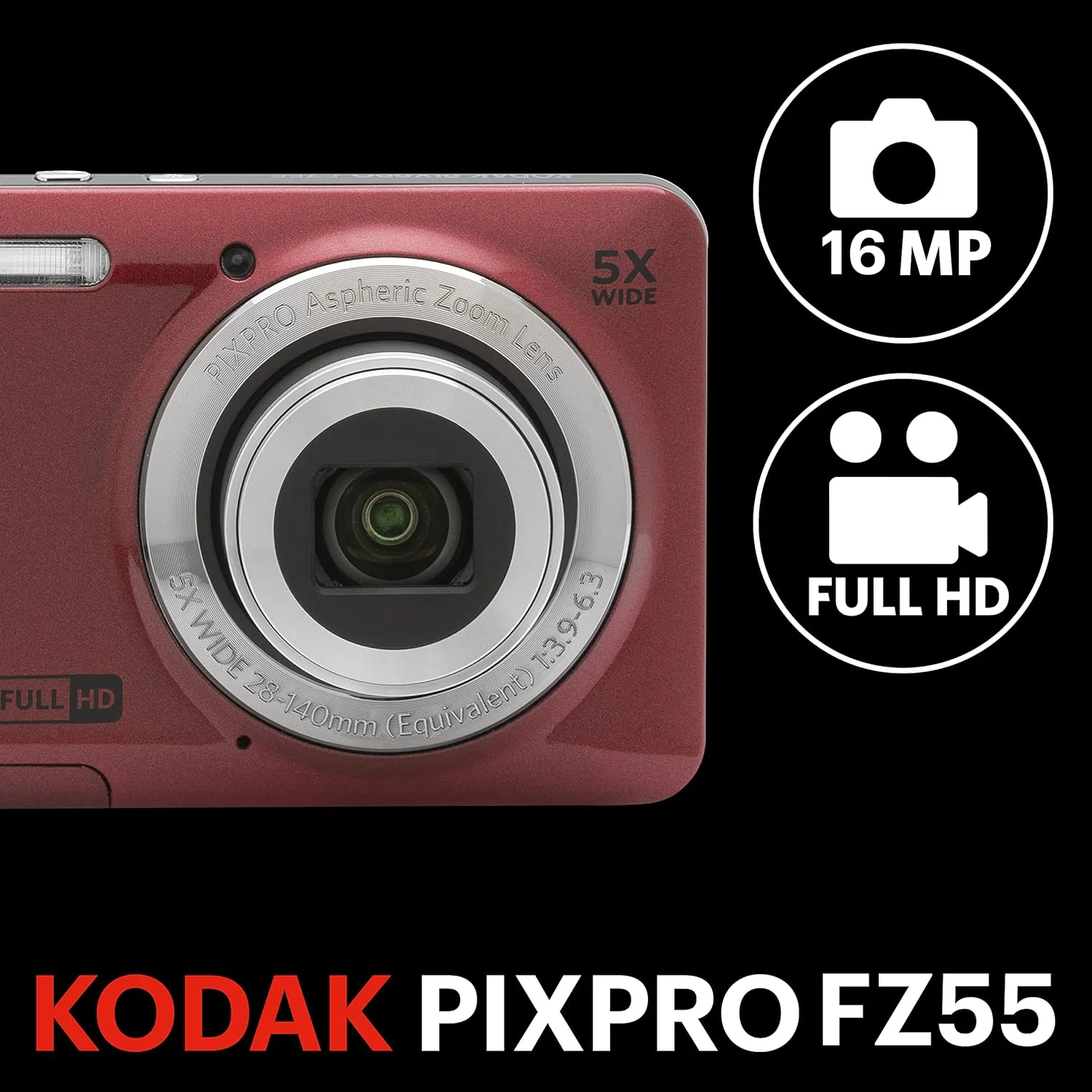 دوربین دیجیتال 16 مگاپیکسلی KODAK PIXPRO Friendly Zoom FZ55 RD با زوم اپتیکال 5X، زاویه دید عریض 28 میلی‌متری و صفحه نمایش LCD 2.7 اینچی - قرمز