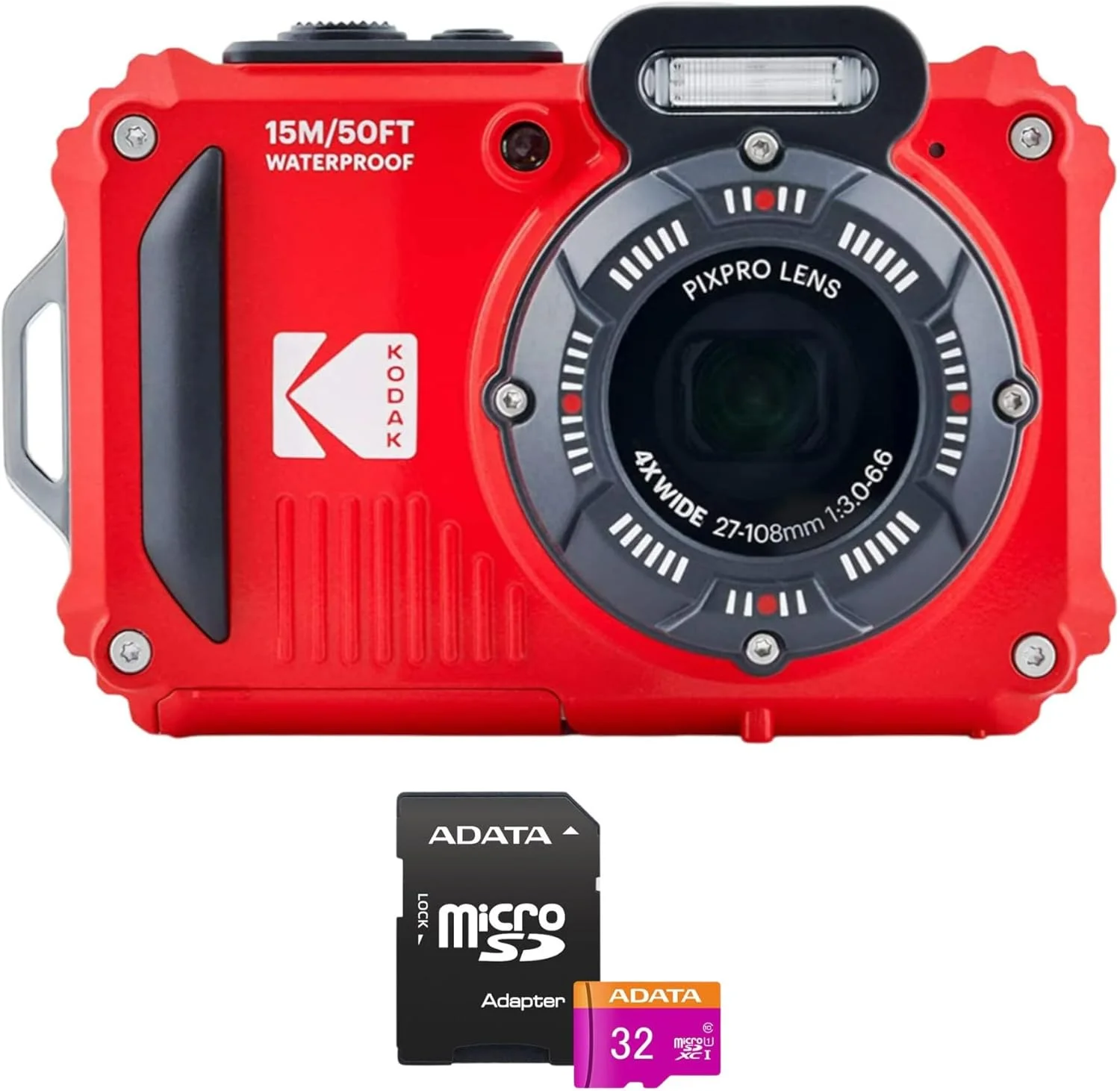 دوربین دیجیتال 16 مگاپیکسلی ضد آب و مقاوم Kodak PIXPRO WPZ2 با زوم اپتیکال 4X (قرمز) به همراه کارت microSDHC 32 گیگابایتی با آداپتور (2 قلم)