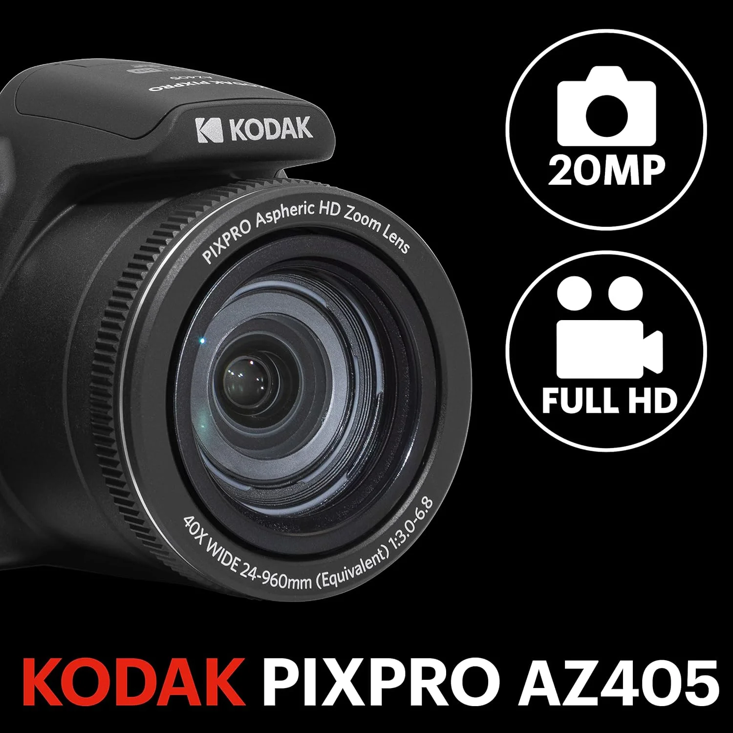 دوربین دیجیتال 20 مگاپیکسلی KODAK PIXPRO Astro Zoom AZ405-BK با زوم اپتیکال 40X، زاویه دید عریض 24 میلی‌متری، فیلمبرداری Full HD 1080P و LCD 3 اینچی (مشکی)