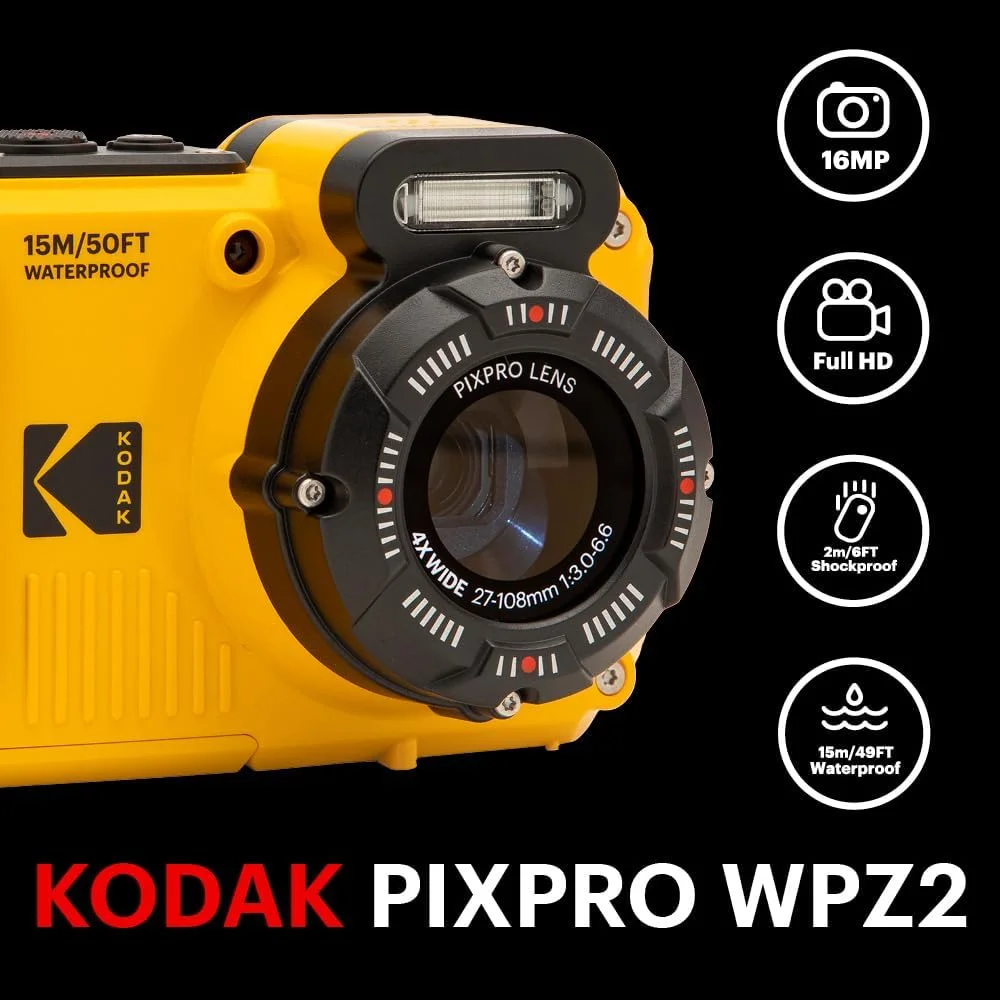 دوربین مقاوم Kodak PIXPRO WPZ2 با کیفیت 16 مگاپیکسل، زوم 4 برابر، LCD 2.7 اینچی، FHD و ضد آب تا 15 متر