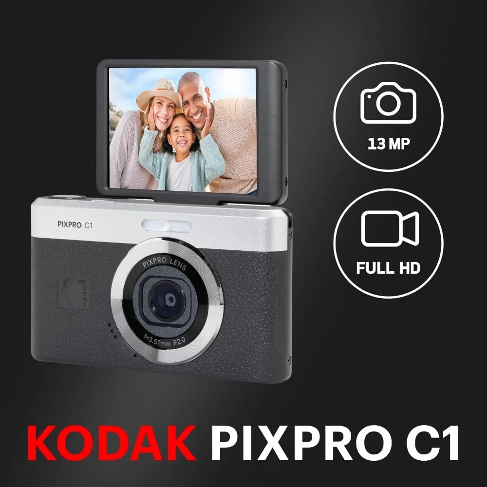 دوربین دیجیتال فوق فشرده KODAK Pixpro C1 | سنسور 13 مگاپیکسلی BSI CMOS، زوم 4 برابر، صفحه نمایش LCD 2.8 اینچی، فلاش LED، باتری داخلی - مشکی