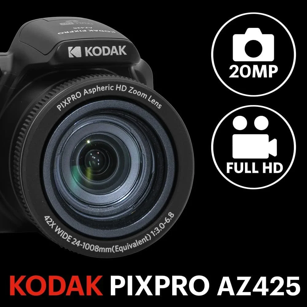 دوربین دیجیتال KODAK Pixpro Astro Zoom AZ425 Bridge با زوم اپتیکال 42X، زاویه دید عریض 24 میلی‌متری، 20 مگاپیکسل، LCD 3 اینچی، فیلمبرداری Full HD 1080P، باتری لیتیوم یونی - مشکی