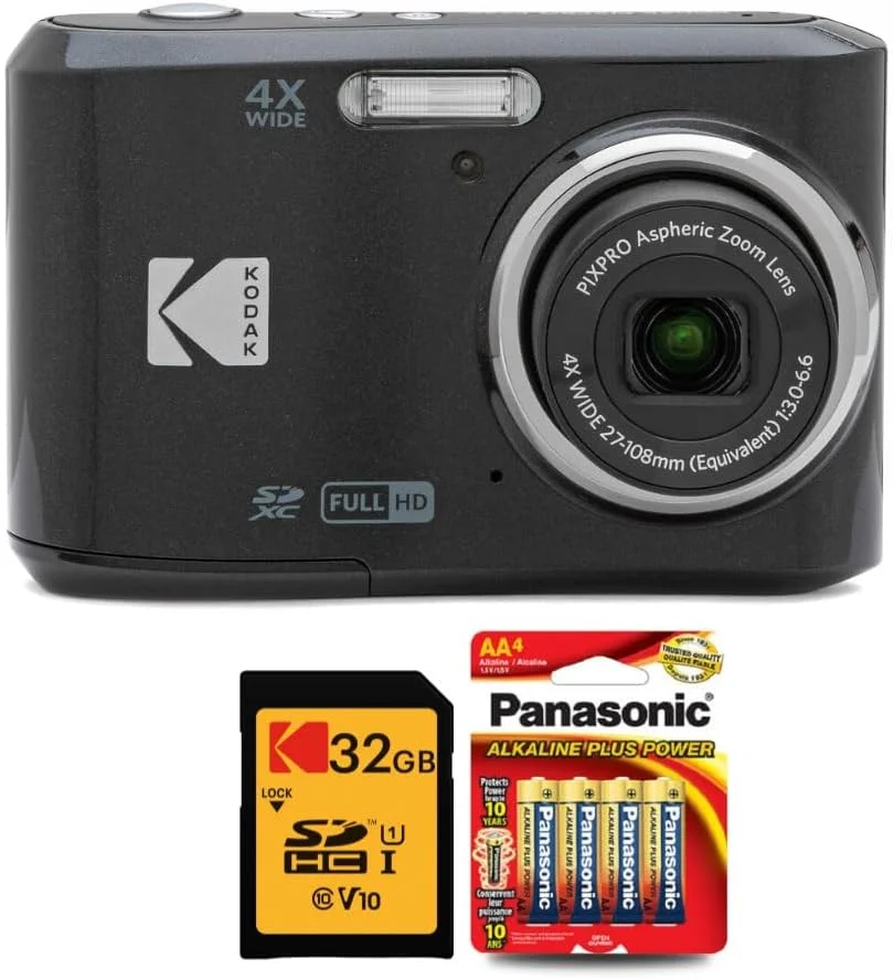 دوربین دیجیتال Kodak PIXPRO FZ45 (مشکی) به همراه کارت حافظه 32 گیگابایتی Class 10 UHS-I U1 SDHC و باتری های آلکالاین AA با کارایی بالا (4 عدد) (3 قلم کالا)