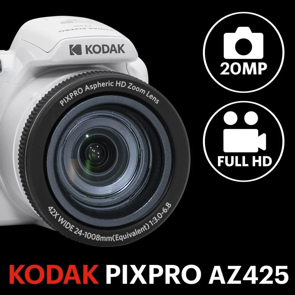 دوربین دیجیتال بریج KODAK Pixpro Astro Zoom AZ425 - زوم اپتیکال 42 برابر، زاویه دید عریض 24 میلی‌متری، 20 مگاپیکسل، LCD 3 اینچی، Full HD 1080p، باتری لیتیوم یونی، سفید