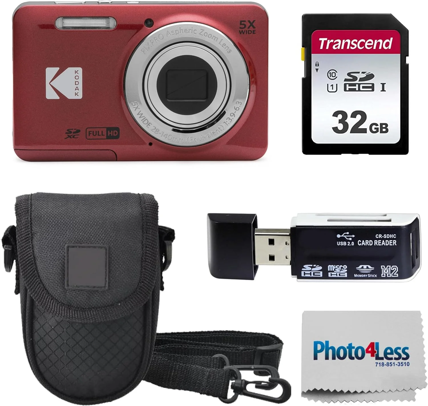 دوربین دیجیتال 16 مگاپیکسلی KODAK PIXPRO FZ55، زوم اپتیکال 5X، زاویه دید عریض 28 میلی‌متری، فیلمبرداری 1080P Full HD، به همراه کارت SD 32 گیگابایتی، کیف محافظ و کارت‌خوان پرسرعت (قرمز)