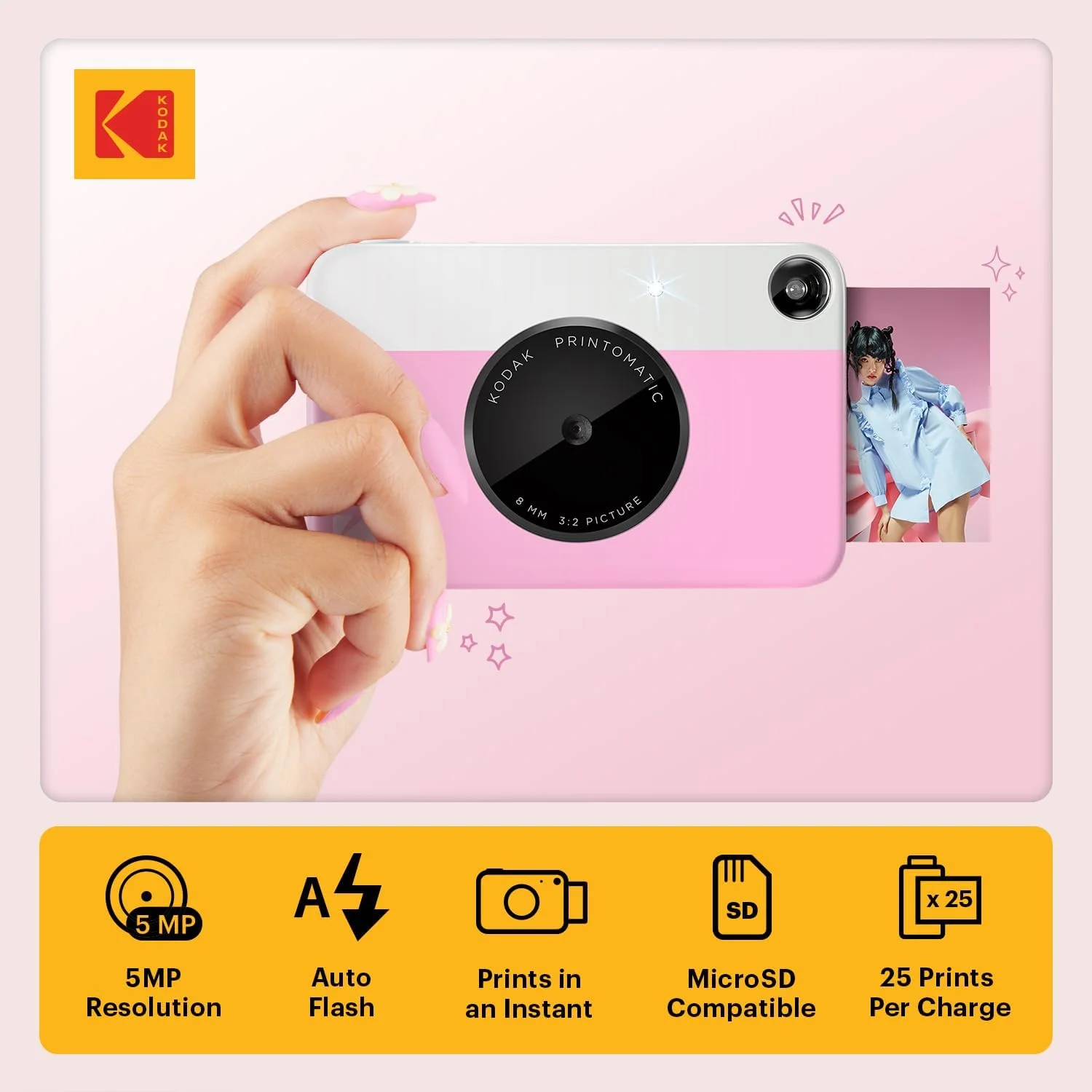 دوربین چاپ فوری دیجیتال Kodak Printomatic - چاپ تمام رنگی روی کاغذ عکس ZINK 2 x 3 اینچی با پشت چسبنده (صورتی) حافظه چاپ فوری (USB شامل نمی شود)