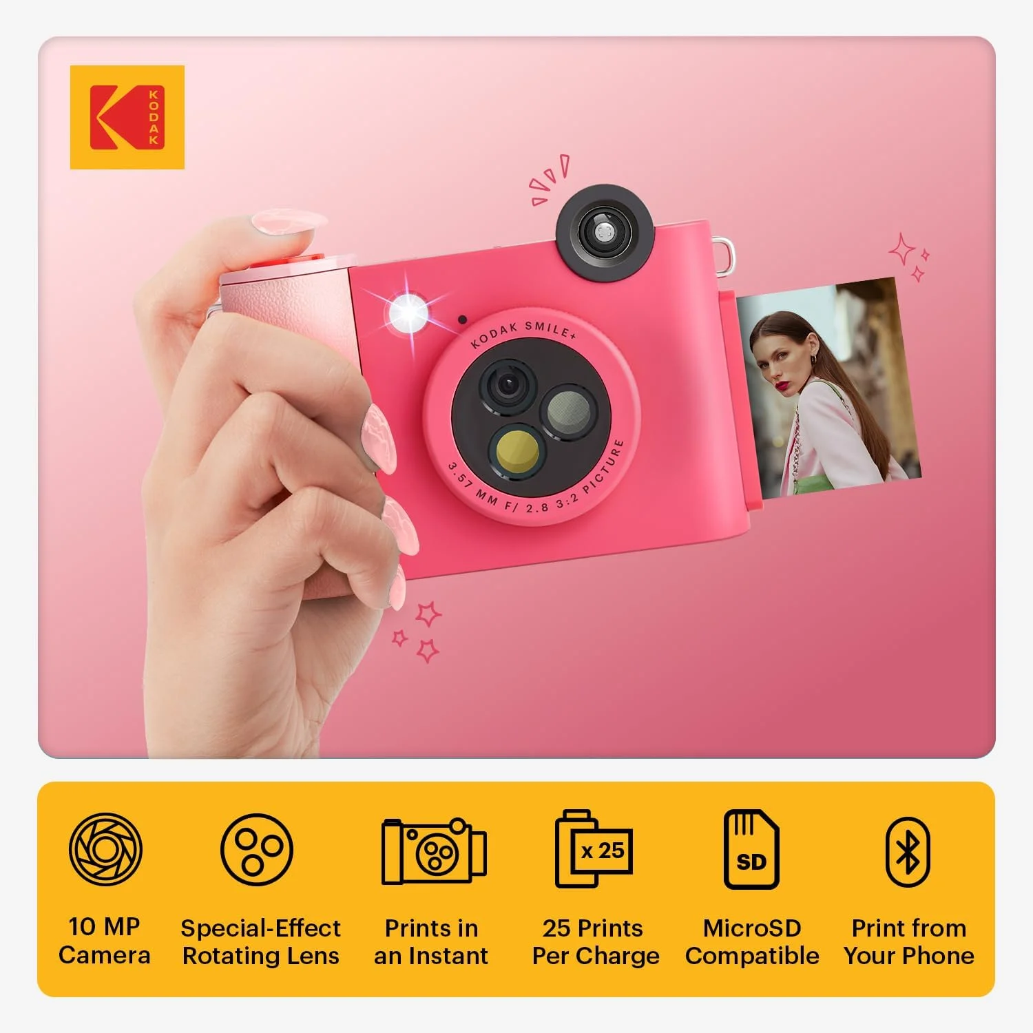 دوربین چاپ فوری دیجیتال بی سیم KODAK Smile+ با لنز تغییر افکت، چاپ عکس های چسبنده 2x3 اینچی و فناوری چاپ Zink، سازگار با دستگاه های iOS و Android - سرخابی