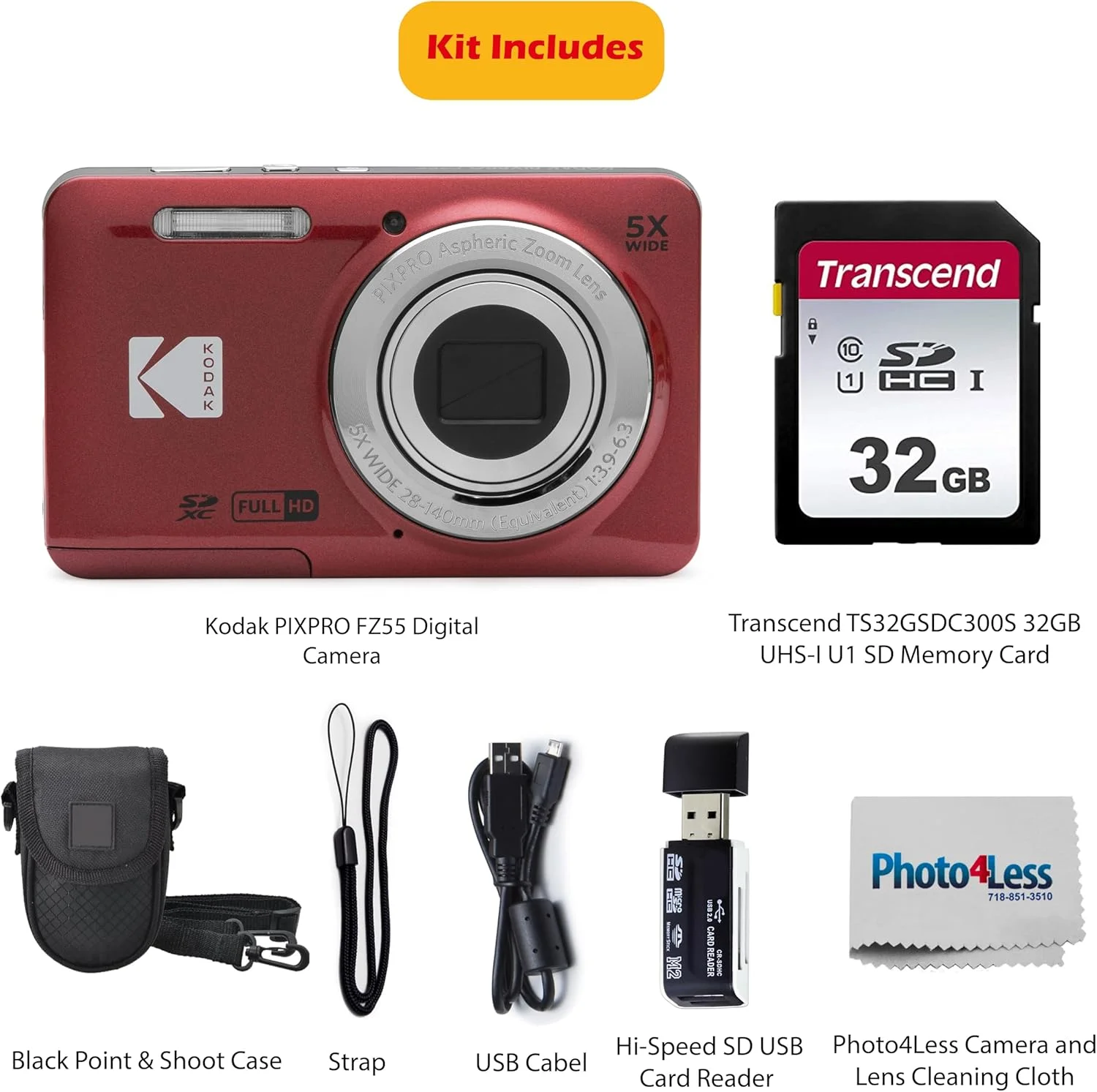 دوربین دیجیتال 16 مگاپیکسلی KODAK PIXPRO FZ55، زوم اپتیکال 5X، زاویه دید عریض 28 میلی‌متری، فیلمبرداری 1080P Full HD، به همراه کارت SD 32 گیگابایتی، کیف محافظ و کارت‌خوان پرسرعت (قرمز)
