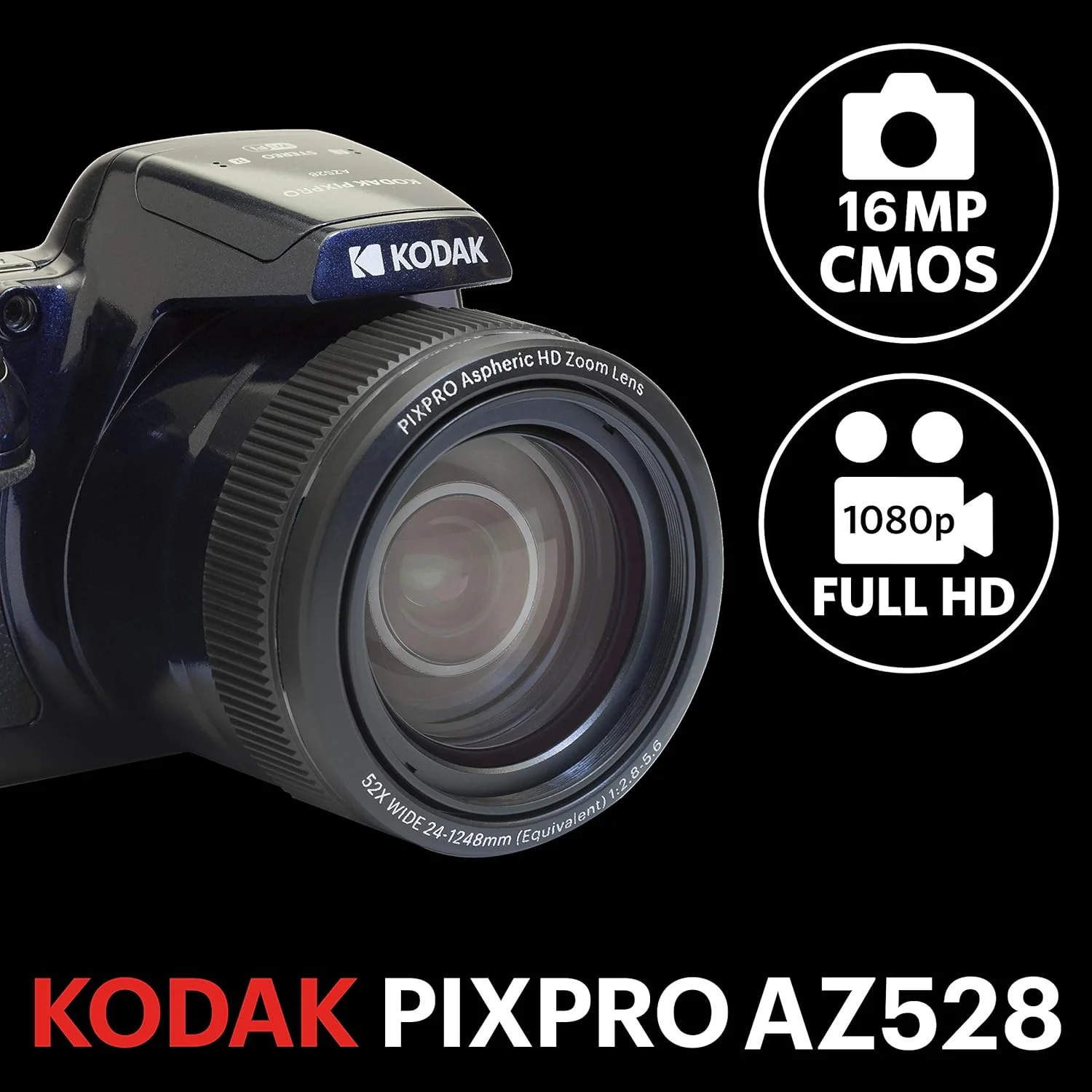 دوربین دیجیتال بریج 16 مگاپیکسلی KODAK Pixpro AZ528، زوم اپتیکال 52 برابر، تثبیت کننده اپتیکال، صفحه نمایش LCD 3 اینچی، فیلمبرداری Full HD 1080p، باتری لیتیوم یونی - آبی نیمه شب