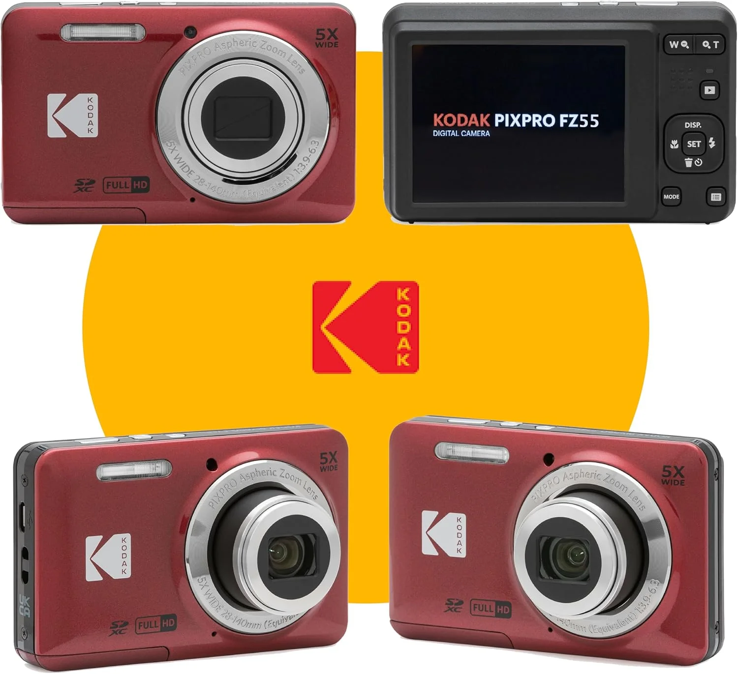 دوربین دیجیتال 16 مگاپیکسلی KODAK PIXPRO FZ55، زوم اپتیکال 5X، زاویه دید عریض 28 میلی‌متری، فیلمبرداری 1080P Full HD، به همراه کارت SD 32 گیگابایتی، کیف محافظ و کارت‌خوان پرسرعت (قرمز)