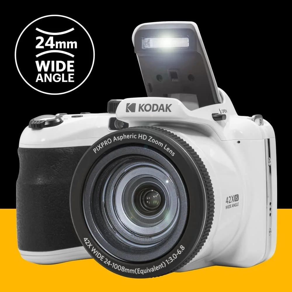 دوربین دیجیتال بریج KODAK Pixpro Astro Zoom AZ425 - زوم اپتیکال 42 برابر، زاویه دید عریض 24 میلی‌متری، 20 مگاپیکسل، LCD 3 اینچی، Full HD 1080p، باتری لیتیوم یونی، سفید