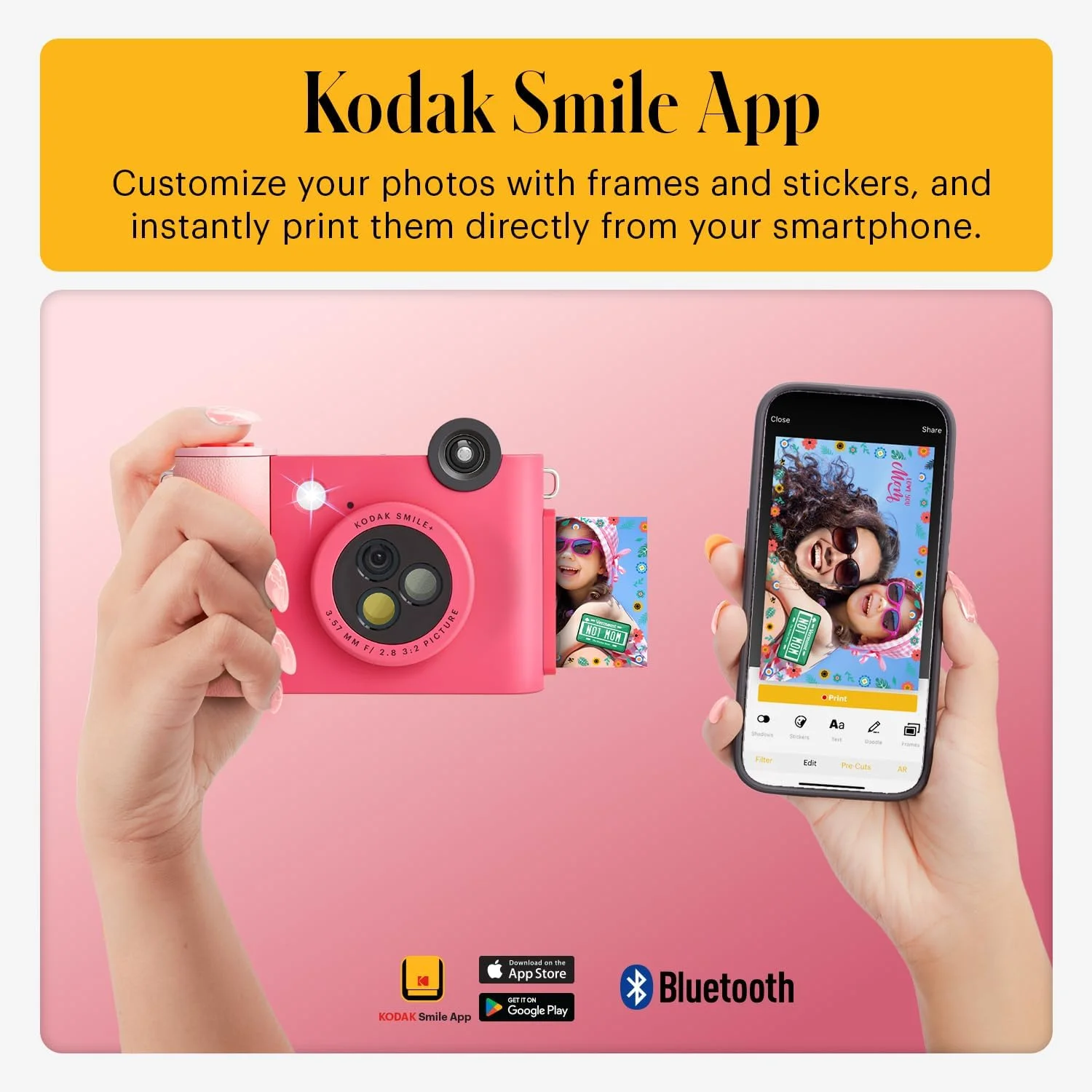 دوربین چاپ فوری دیجیتال بی سیم KODAK Smile+ با لنز تغییر افکت، چاپ عکس های چسبنده 2x3 اینچی و فناوری چاپ Zink، سازگار با دستگاه های iOS و Android - سرخابی