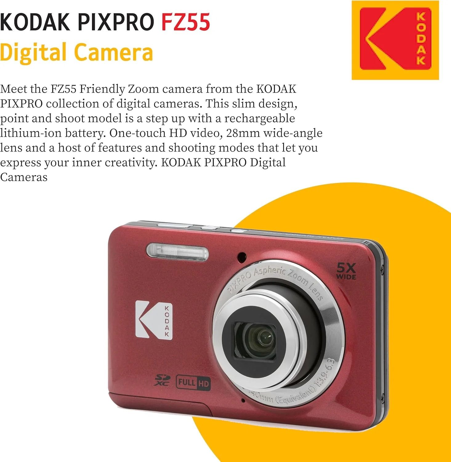 دوربین دیجیتال 16 مگاپیکسلی KODAK PIXPRO FZ55، زوم اپتیکال 5X، زاویه دید عریض 28 میلی‌متری، فیلمبرداری 1080P Full HD، به همراه کارت SD 32 گیگابایتی، کیف محافظ و کارت‌خوان پرسرعت (قرمز)