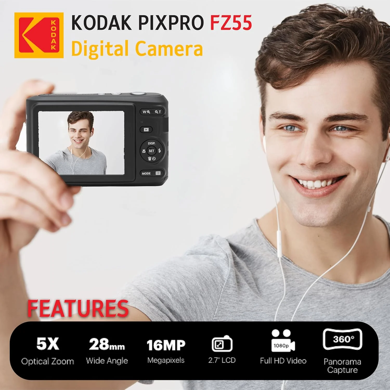 دوربین دیجیتال 16 مگاپیکسلی KODAK PIXPRO FZ55، زوم اپتیکال 5X، زاویه دید عریض 28 میلی‌متری، فیلمبرداری 1080P Full HD، به همراه کارت SD 32 گیگابایتی، کیف محافظ و کارت‌خوان پرسرعت (قرمز)