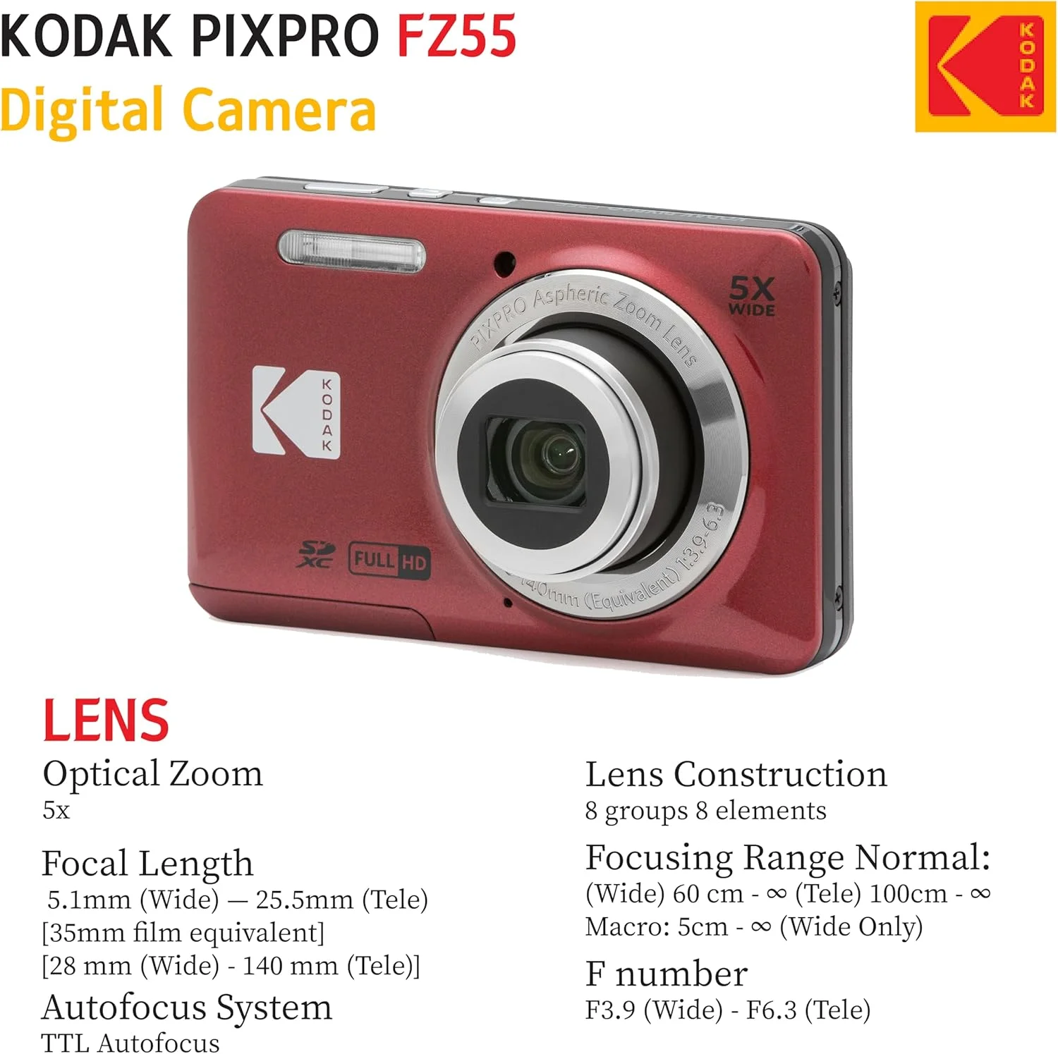 دوربین دیجیتال 16 مگاپیکسلی KODAK PIXPRO FZ55، زوم اپتیکال 5X، زاویه دید عریض 28 میلی‌متری، فیلمبرداری 1080P Full HD، به همراه کارت SD 32 گیگابایتی، کیف محافظ و کارت‌خوان پرسرعت (قرمز)