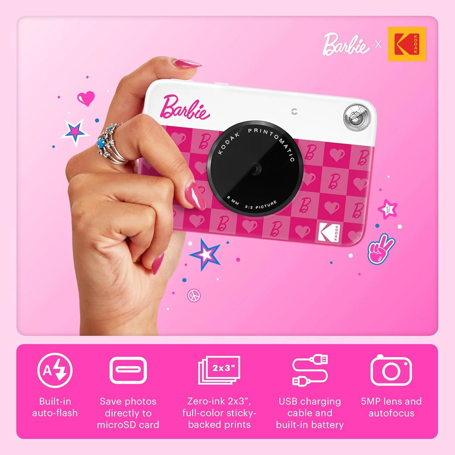 دوربین دیجیتال چاپ فوری رنگی KODAK Barbie x Printomatic - دوربین باربی قابل حمل 5 مگاپیکسلی با قابلیت چاپ عکس های رنگی 2x3 اینچی چسبی - طراحی نمادین