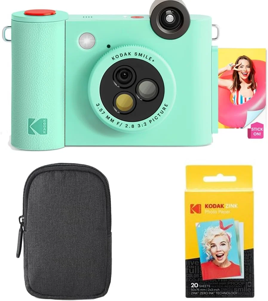 دوربین چاپ فوری دیجیتال و پرینتر عکس بلوتوث بی سیم KODAK Smile+ 2-in-1، بسته شروع به کار + کیف حمل + کاغذ عکس چسبی Zink 20 عددی - 10 مگاپیکسل، لنز چرخان با جلوه ویژه - سبز