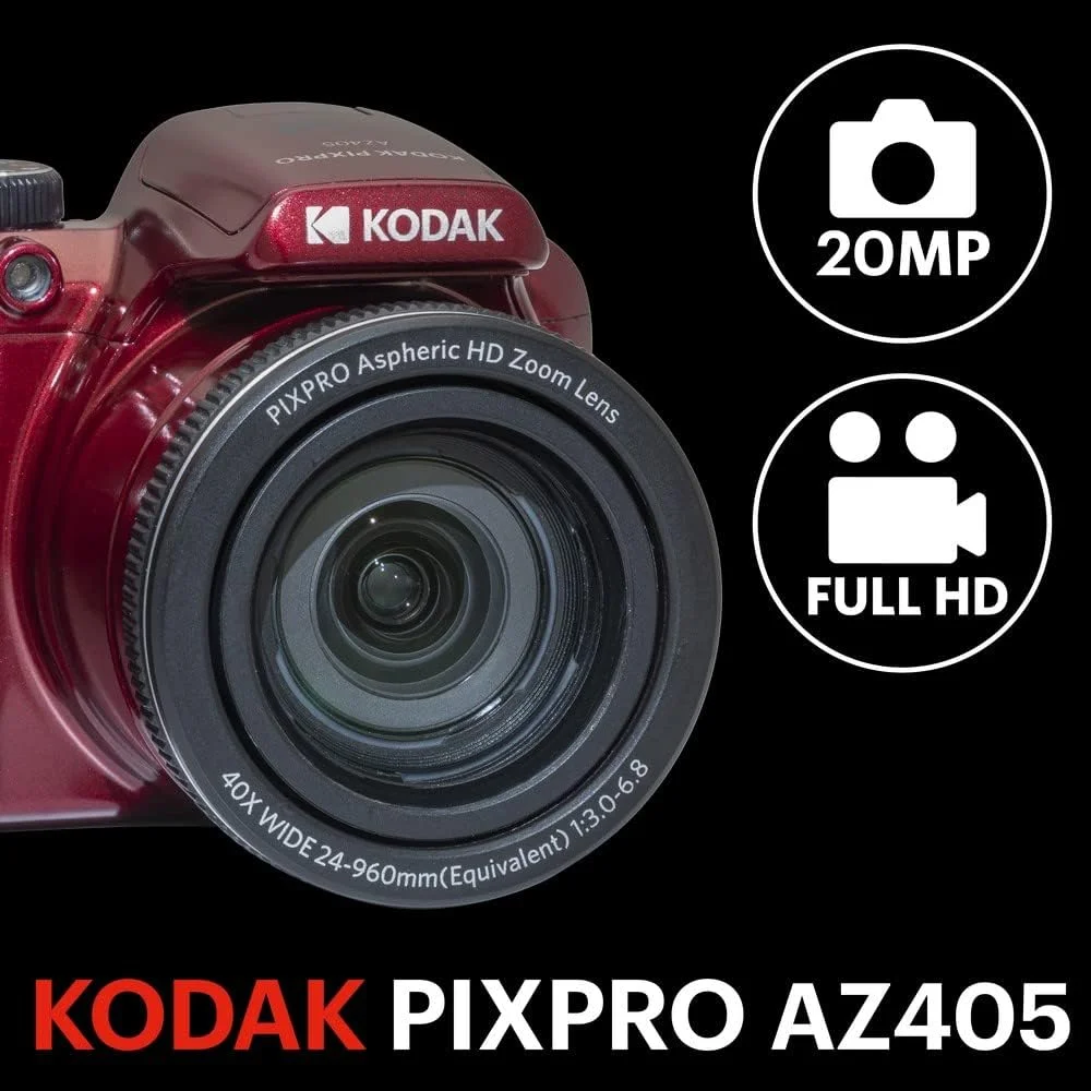 دوربین دیجیتال بریج KODAK Pixpro Astro Zoom AZ405، زوم X40، زاویه دید عریض 24 میلی‌متری، 20 مگاپیکسل، LCD 3 اینچی، فیلمبرداری Full HD 1080p، OIS، باتری AA - قرمز