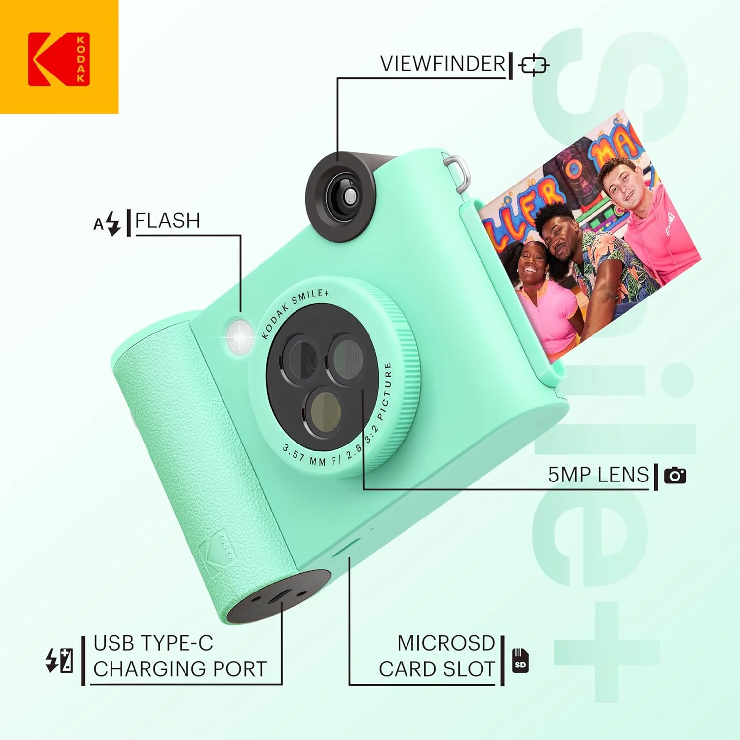 دوربین چاپ فوری دیجیتال و پرینتر عکس بلوتوث بی سیم KODAK Smile+ 2-in-1، بسته شروع به کار + کیف حمل + کاغذ عکس چسبی Zink 20 عددی - 10 مگاپیکسل، لنز چرخان با جلوه ویژه - سبز