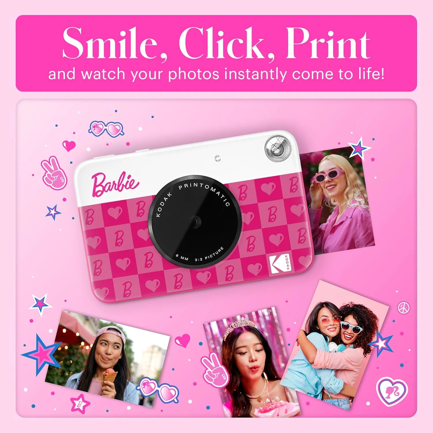 دوربین دیجیتال چاپ فوری رنگی KODAK Barbie x Printomatic - دوربین باربی قابل حمل 5 مگاپیکسلی با قابلیت چاپ عکس های رنگی 2x3 اینچی چسبی - طراحی نمادین