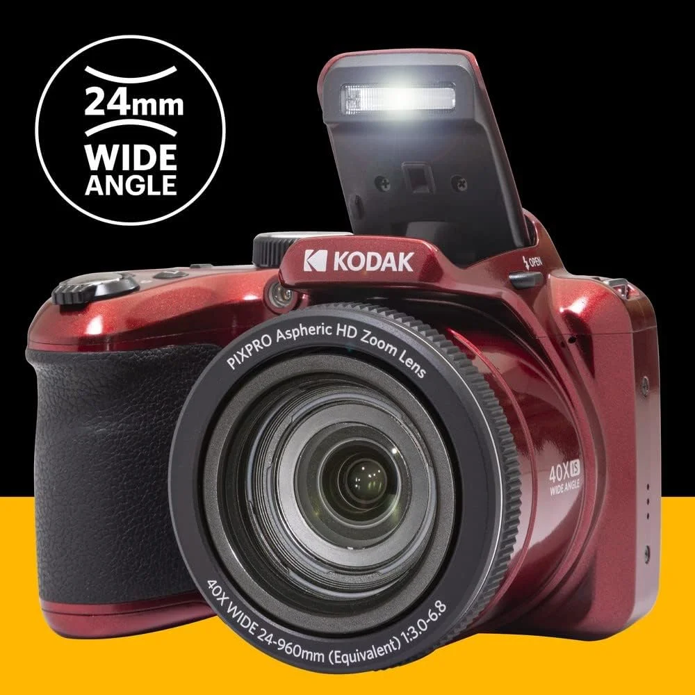 دوربین دیجیتال بریج KODAK Pixpro Astro Zoom AZ405، زوم X40، زاویه دید عریض 24 میلی‌متری، 20 مگاپیکسل، LCD 3 اینچی، فیلمبرداری Full HD 1080p، OIS، باتری AA - قرمز